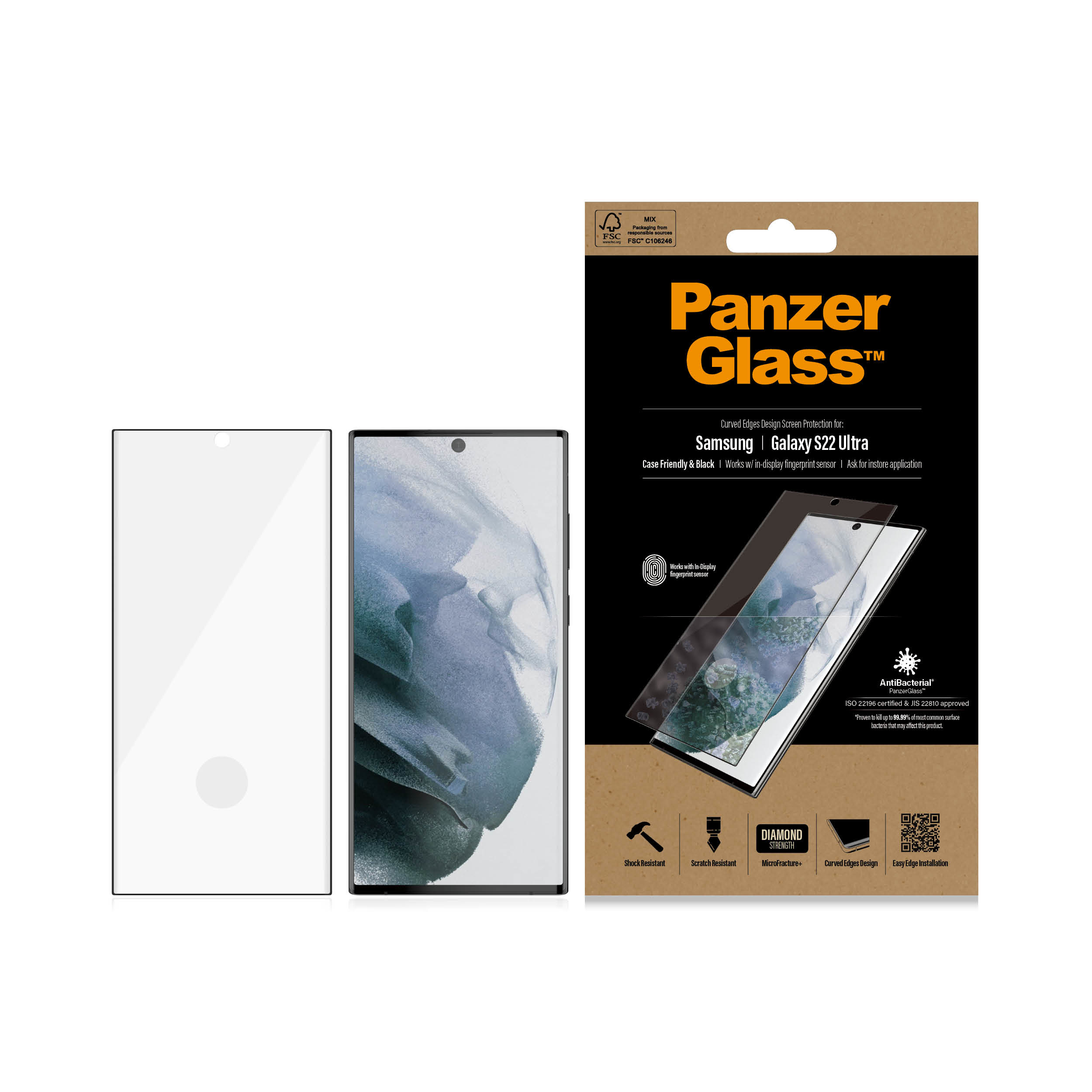 Un téléphone à côté d'une boîte de protection d'écran. La boîte est étiquetée PanzerGlass.