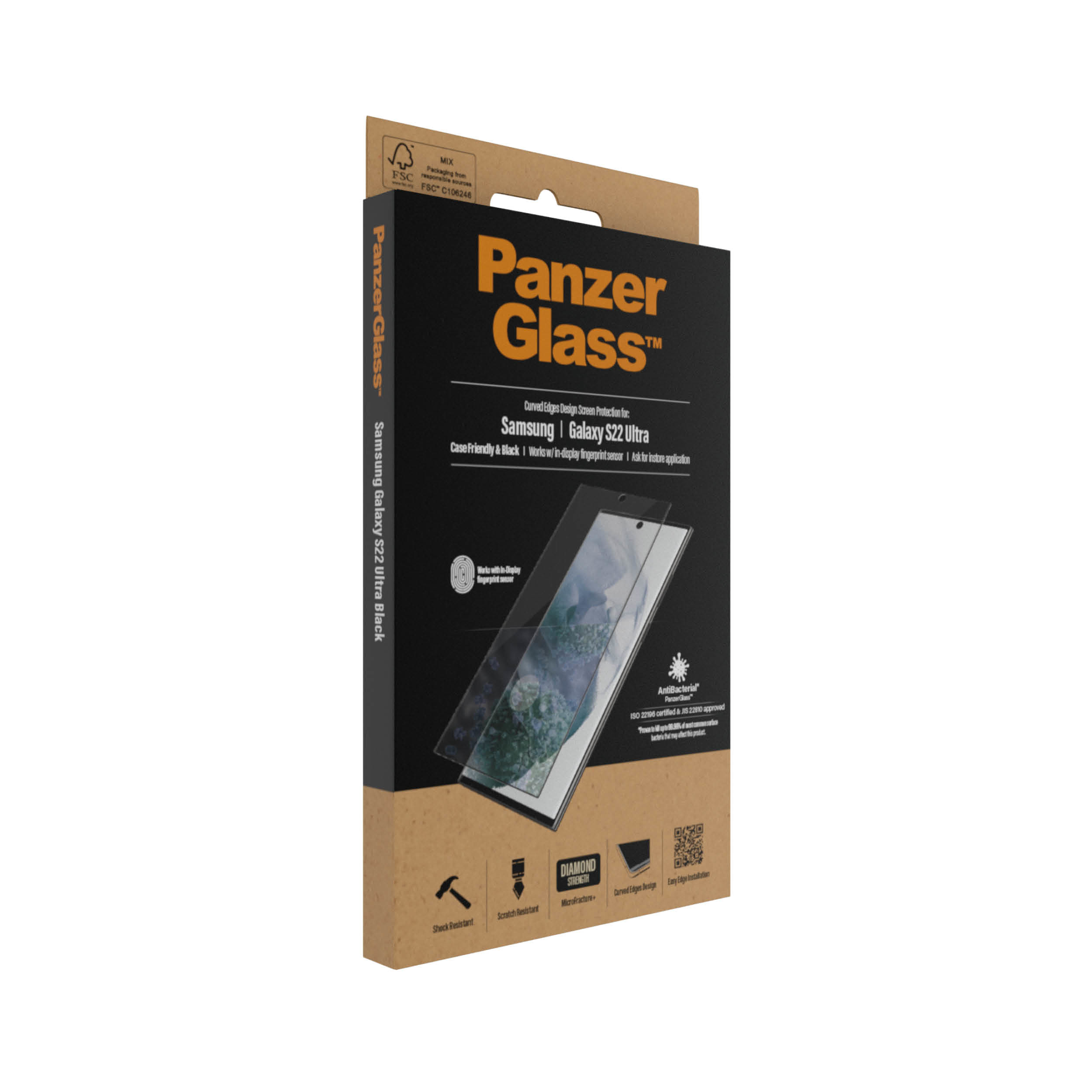 Une boîte de PanzerGlass pour Samsung Galaxy S22 Ultra Black. Contient un protecteur et des accessoires.