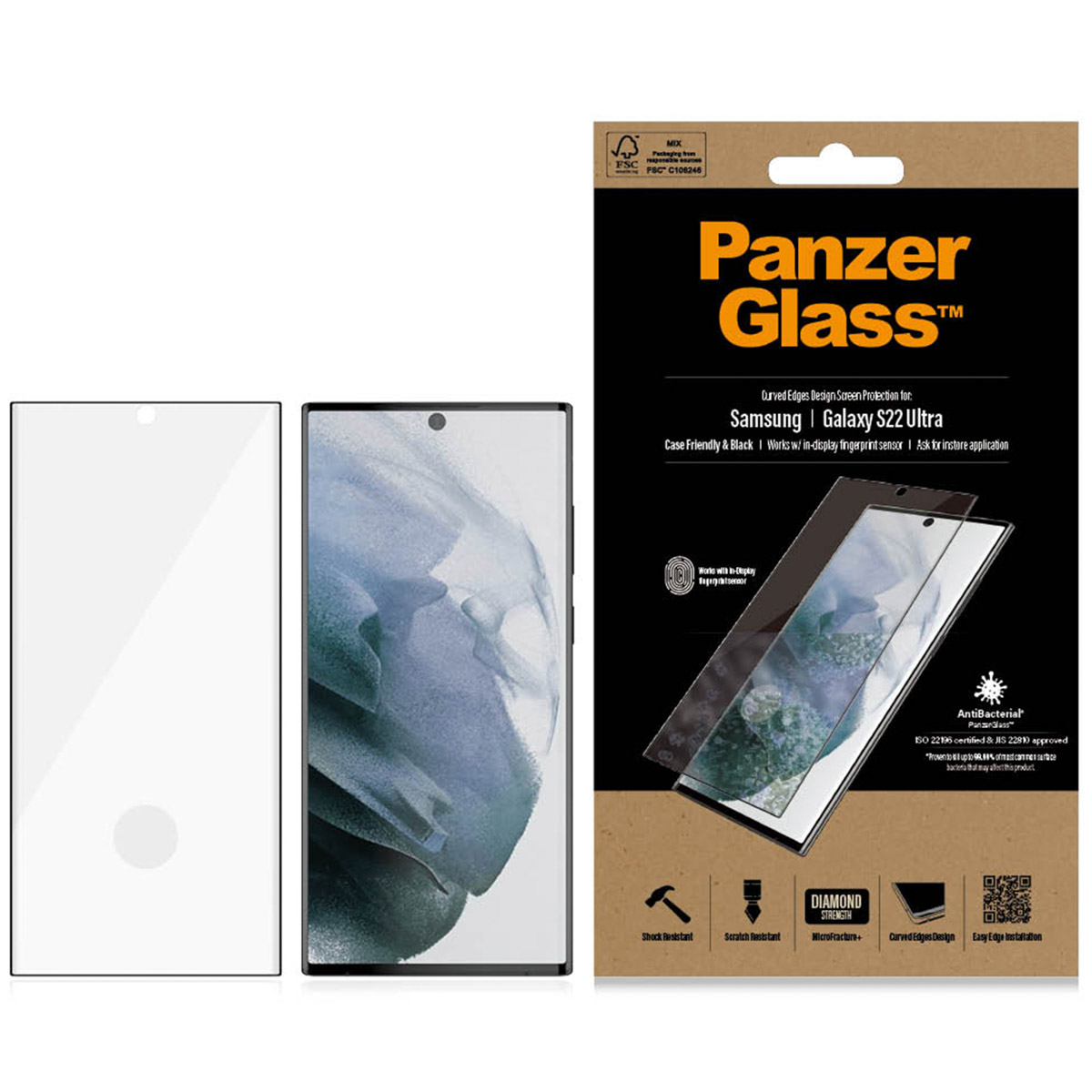 Emballage de protection d'écran pour téléphone, avec téléphone et protecteur.