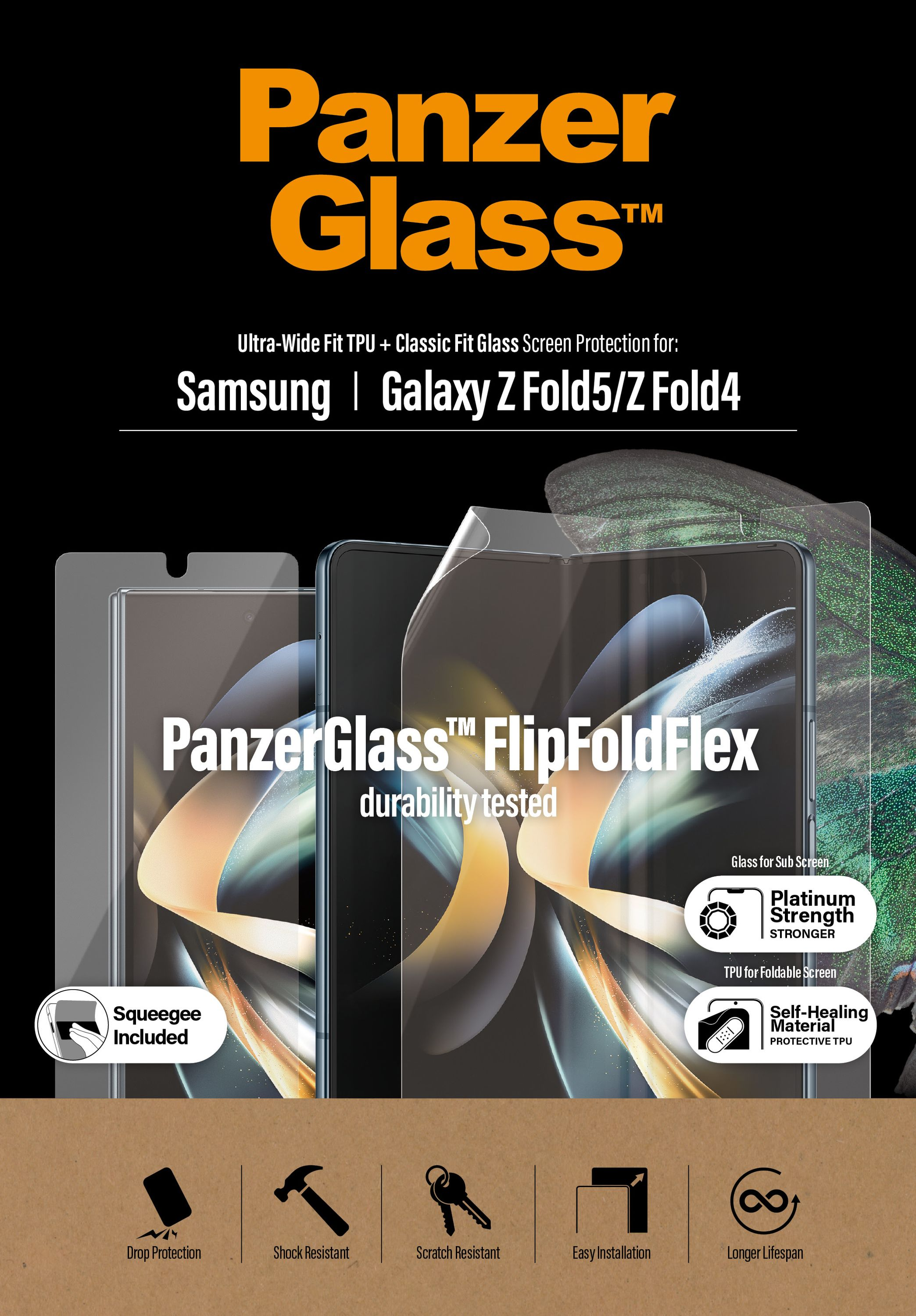 Promotieafbeelding van schermbeschermers en een telefoon. Tekst: PanzerGlass, duurzaamheid getest, valbescherming.