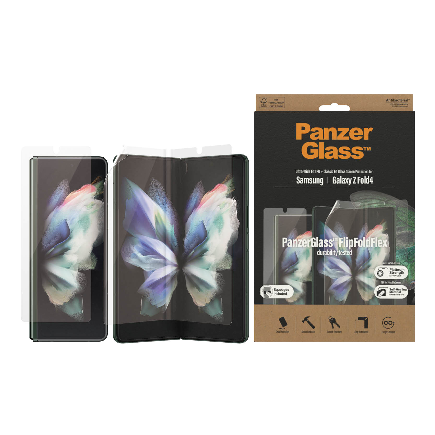 Een productdoos met PanzerGlass screenprotectors voor Samsung Galaxy Z Fold4, met een illustratie.