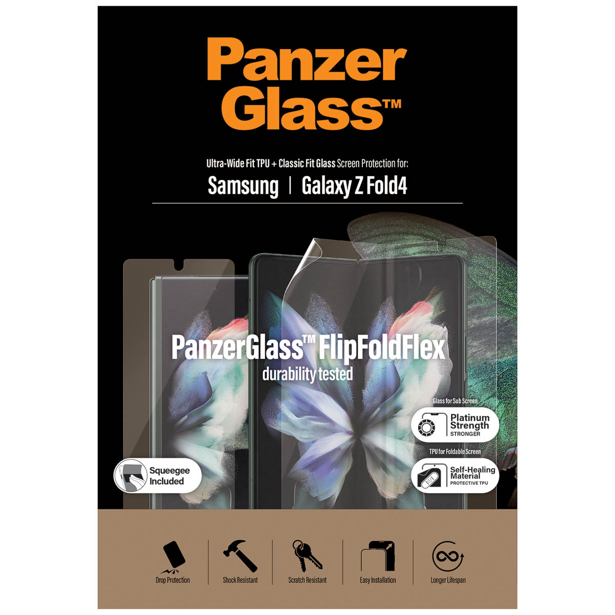 Doos met PanzerGlass en een schermbeschermer voor Samsung Galaxy Z Fold4. Witte achtergrond.
