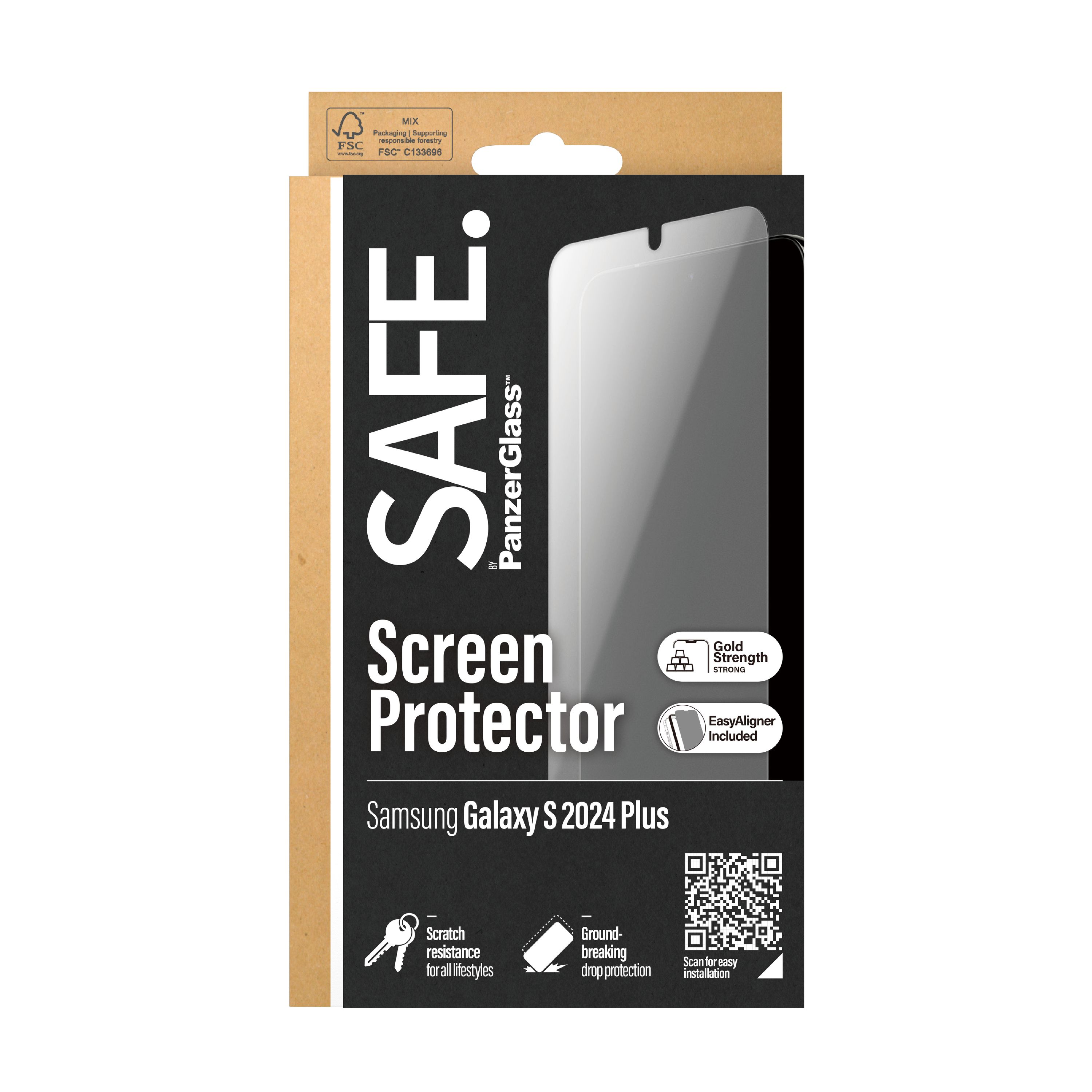 Scatola protezione schermo. Testo: Screen Protector, Samsung Galaxy S24 Plus. Include Easy Aligner.