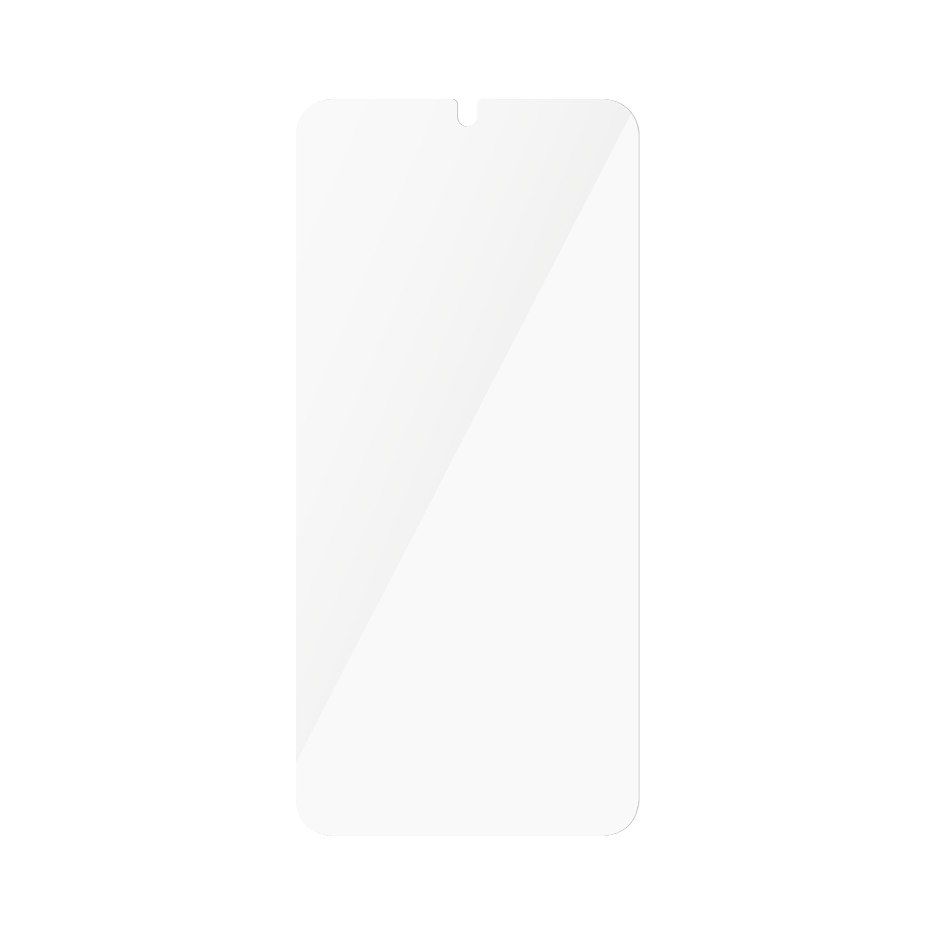 Una protezione per lo schermo trasparente su sfondo bianco. È rettangolare con un intaglio in alto.