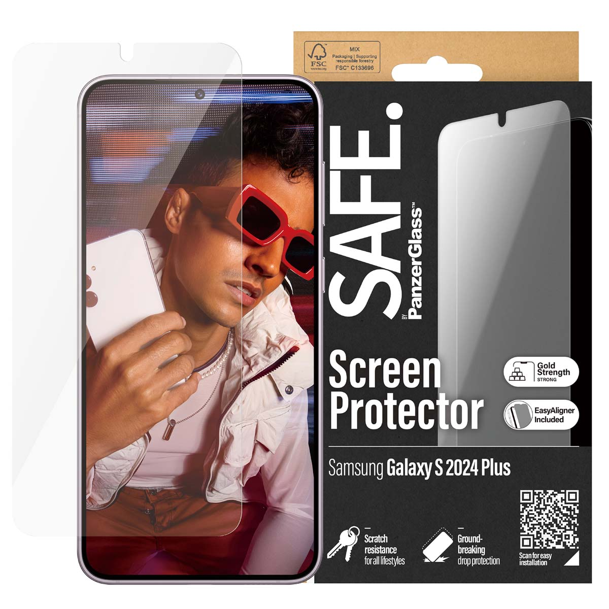 Un uomo tiene un telefono bianco. Una scatola di protezione dello schermo è accanto a lui. La scatola dice SAFE.