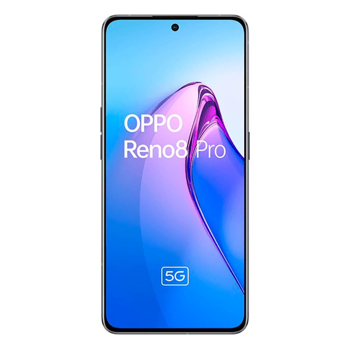 Un smartphone avec écran. L'écran affiche le texte 'OPPO Reno8 Pro' et le logo 5G sur fond bleu.