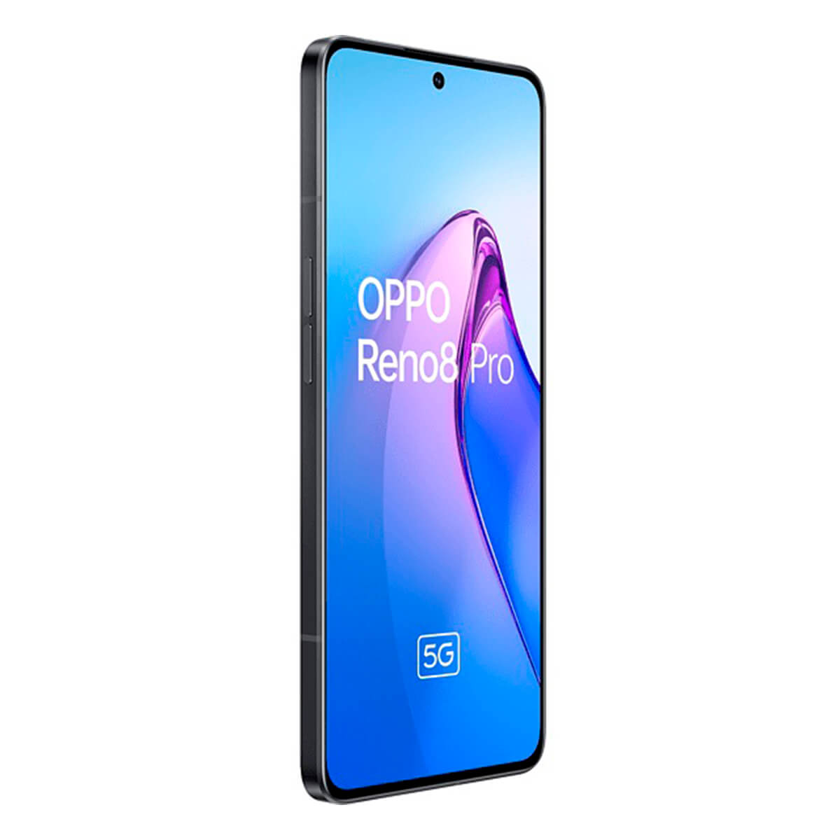 Téléphone noir Oppo Reno8 Pro sur fond blanc, affichant l'écran. Icône 5G, dégradé bleu.