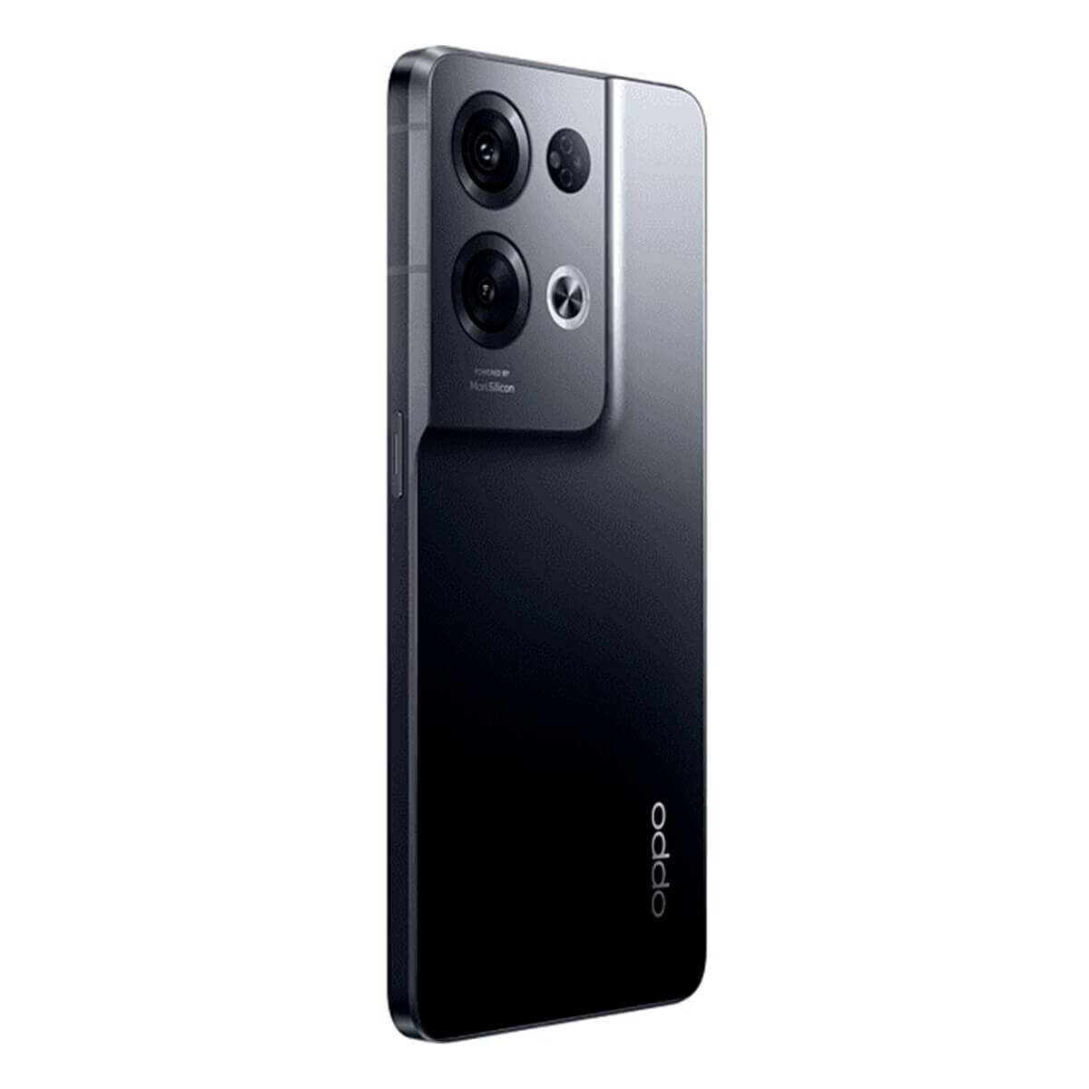 Téléphone Oppo noir avec trois caméras arrière, le dos est visible.