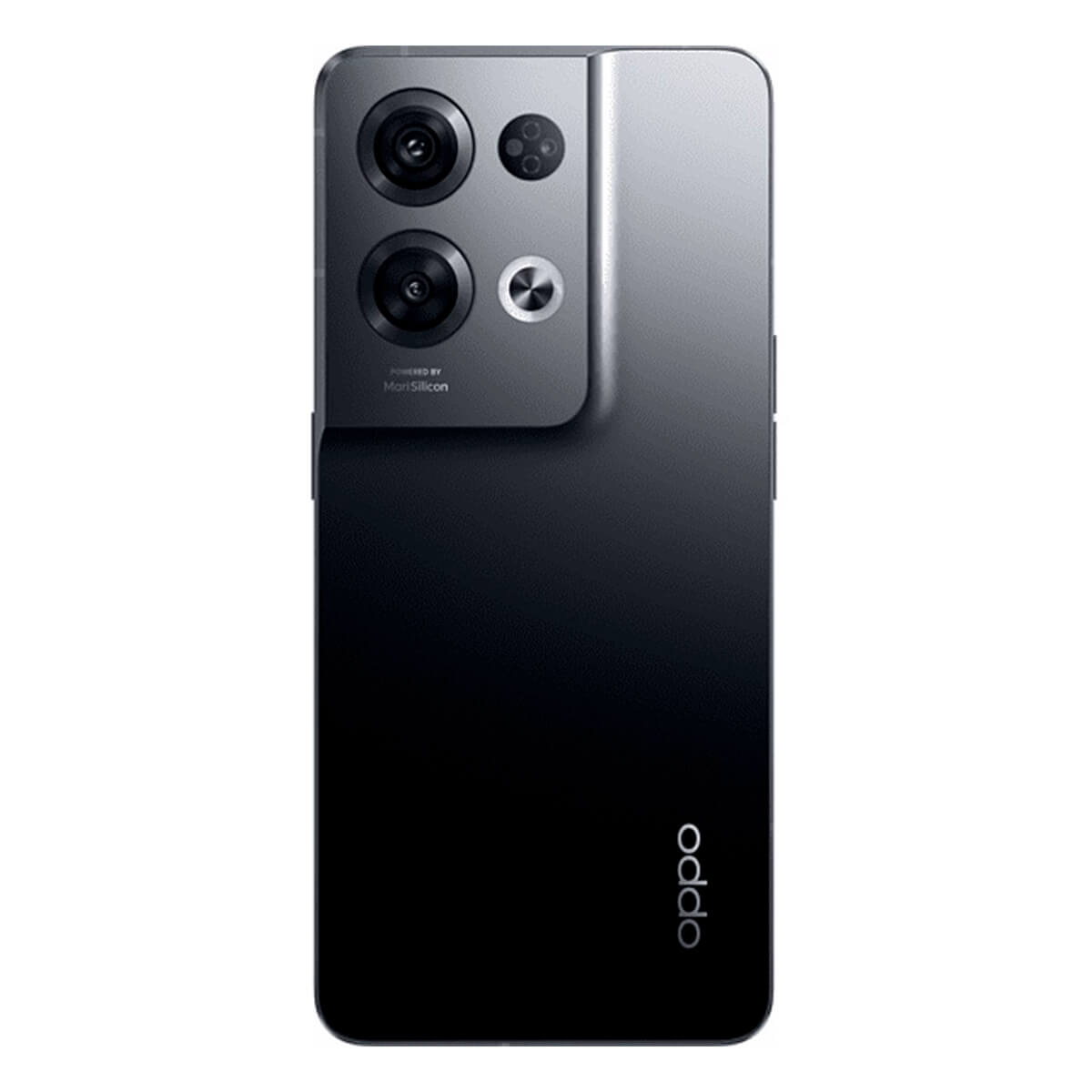 Un téléphone Oppo noir, vue arrière, avec plusieurs objectifs et le logo Oppo en bas.