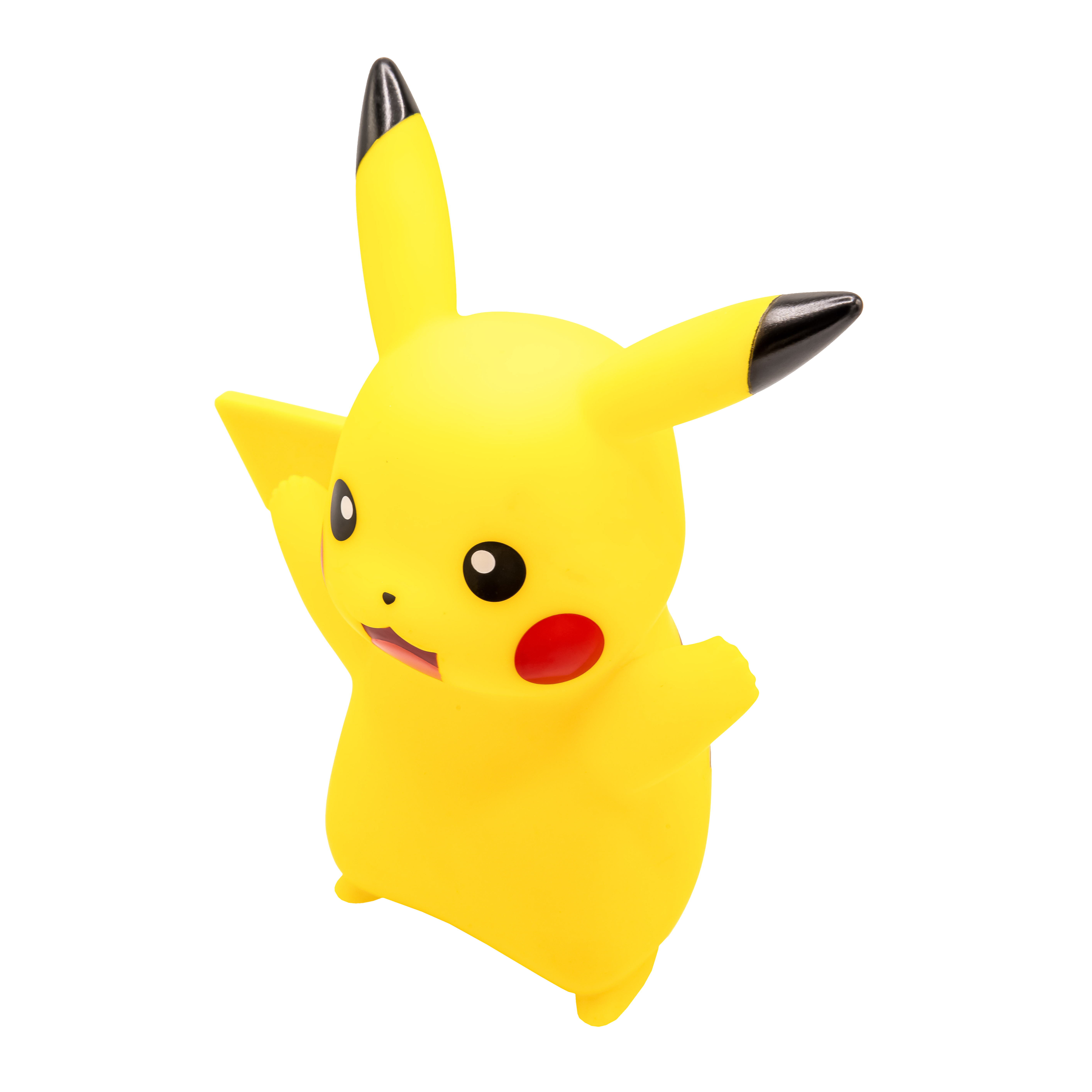 Una figura gialla di Pikachu con orecchie con punte nere, guance rosse e un viso sorridente.