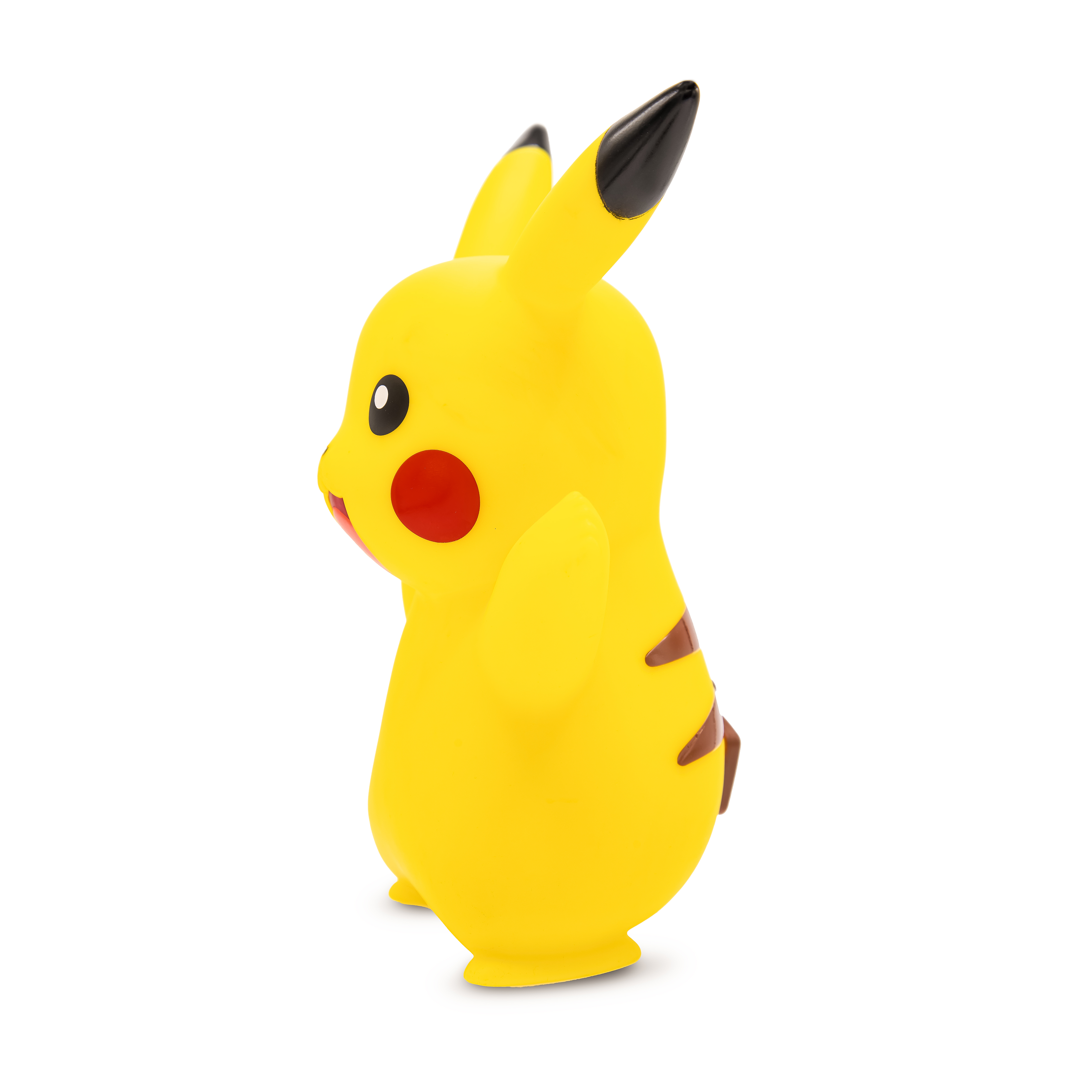 Una figura di Pikachu gialla con orecchie nere e strisce marroni sul retro.