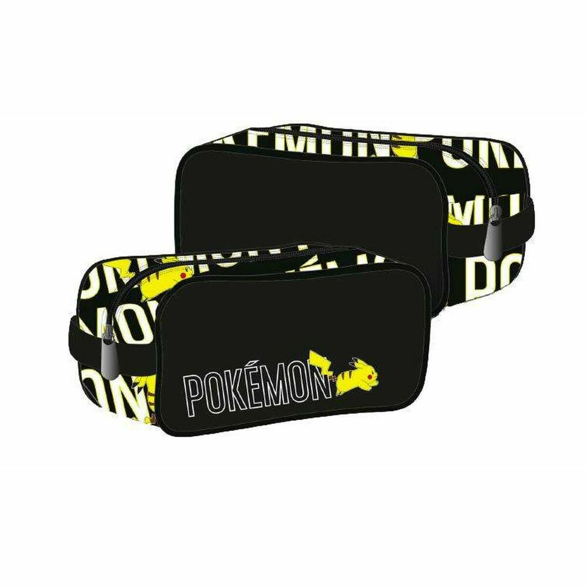 Bolsas de viaje Pokémon negras con diseño de Pikachu amarillo, sobre un fondo blanco.