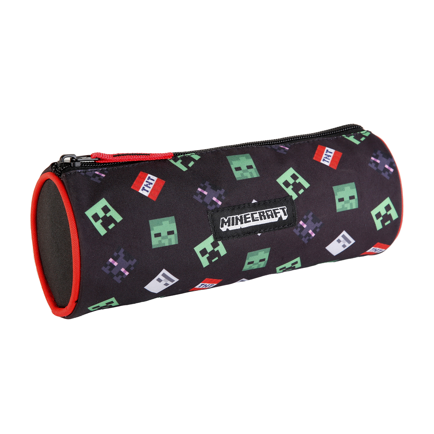 Estuche cilíndrico de Minecraft. El estuche es negro con detalles verdes y rojos. Tiene una cremallera.