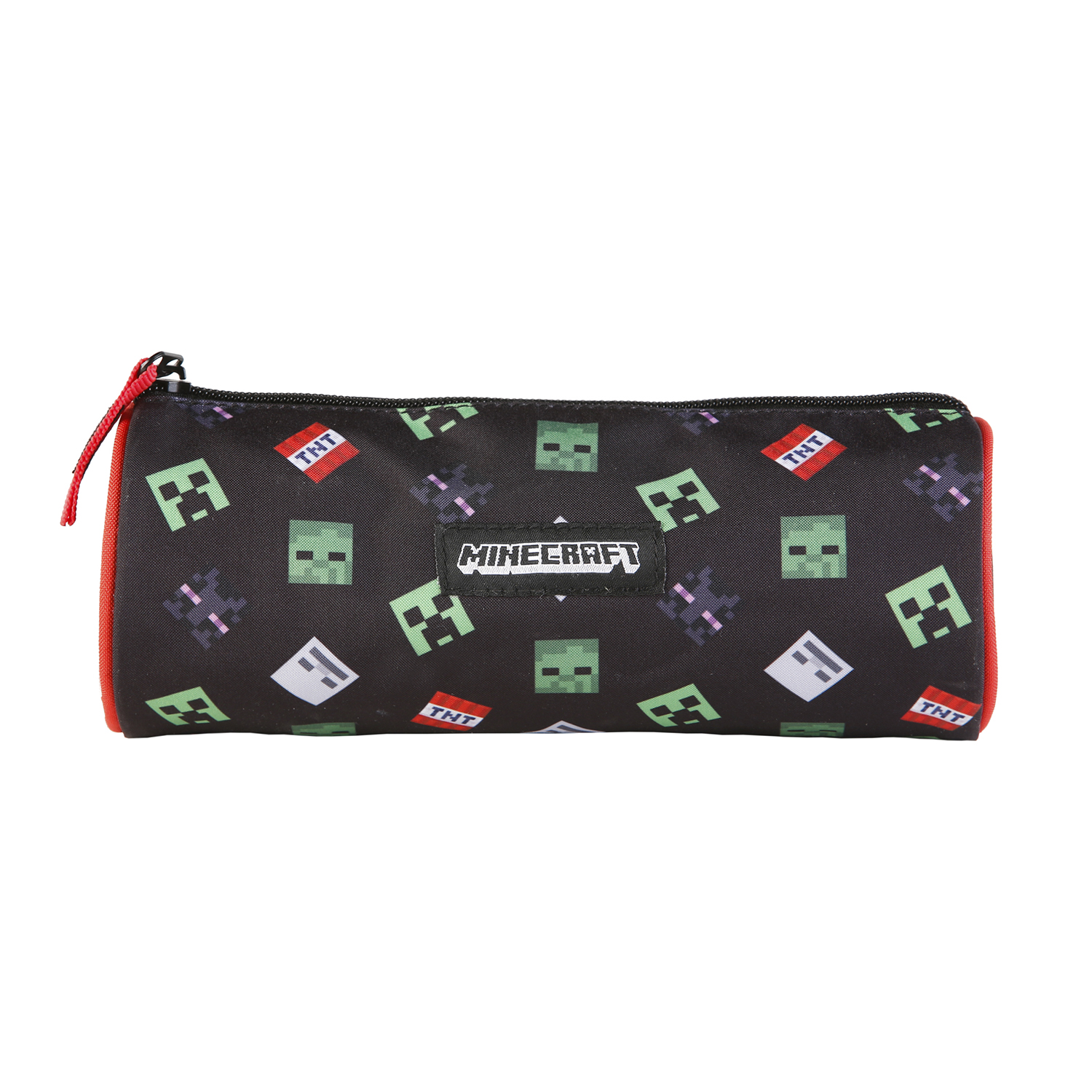 Un estuche negro de Minecraft. Tiene personajes de Minecraft y logos de TNT.