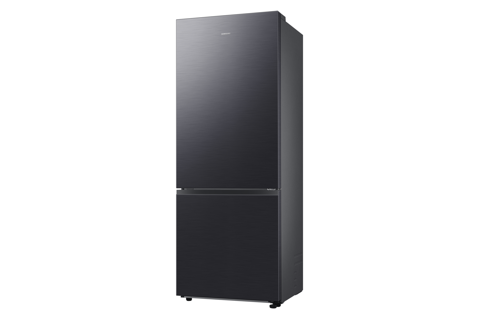 Un frigorifero Samsung nero e alto su sfondo scuro. Ha due porte e un design minimalista.