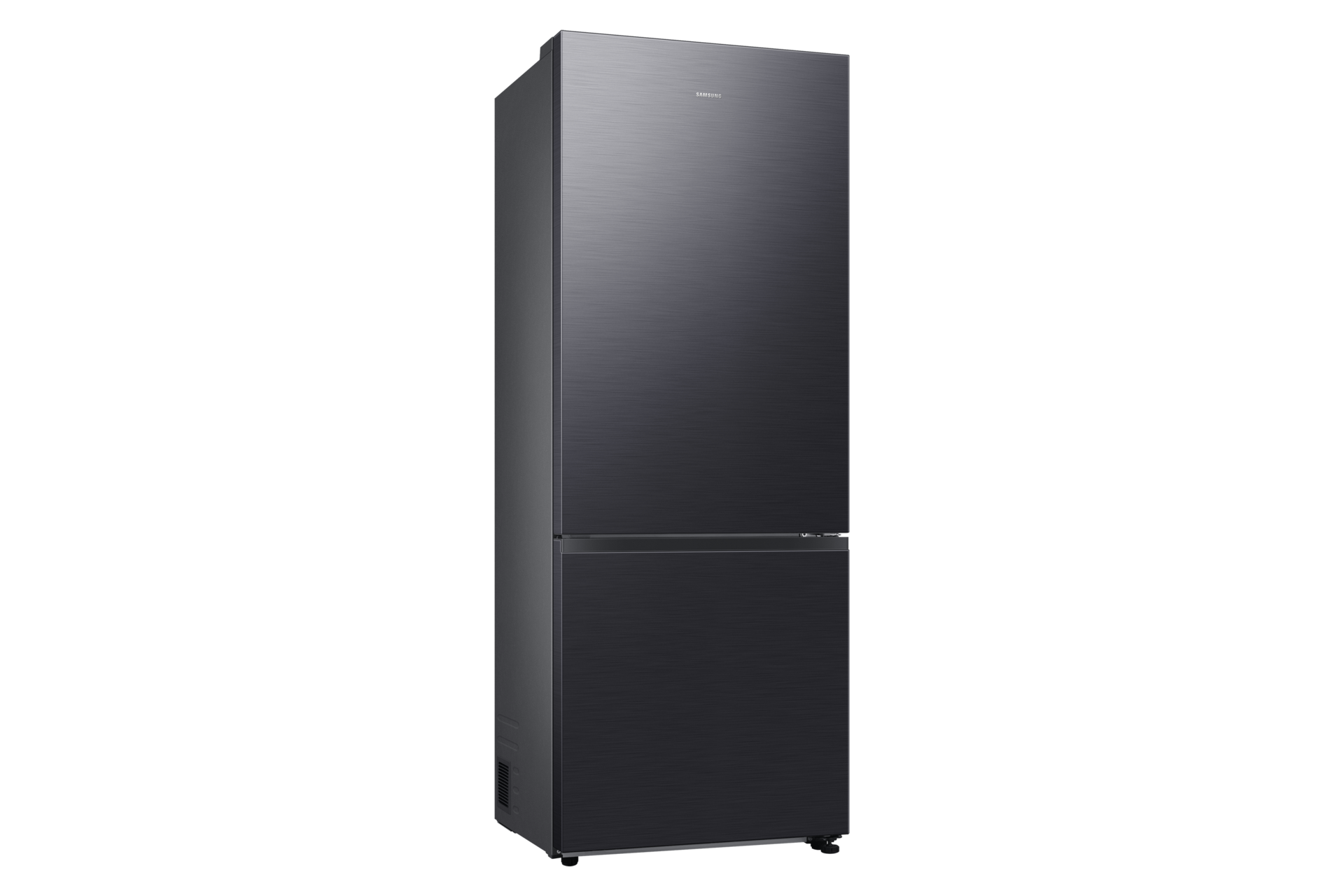Ein schwarzer Samsung-Kühlschrank aus Edelstahl auf schwarzem Hintergrund, mit dem Samsung-Logo.