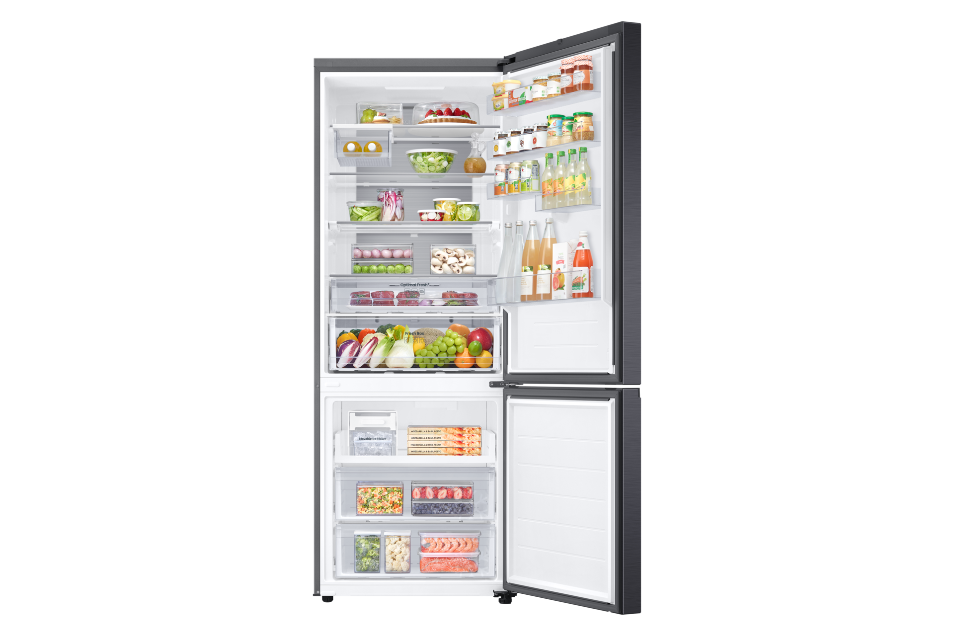 Frigorifero aperto pieno di generi alimentari. Include frutta, verdura, bevande e piatti pronti.