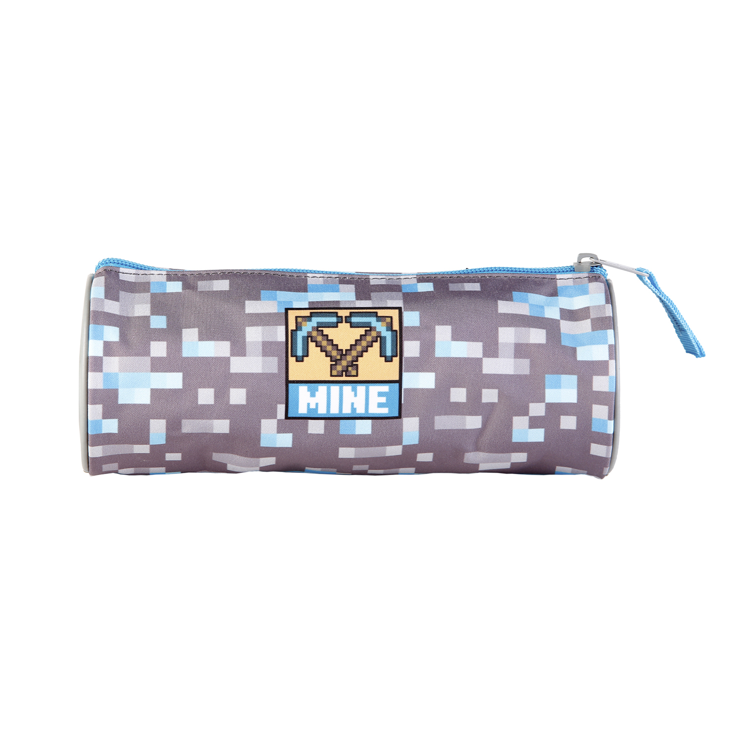 Estuche de Minecraft con cremallera. Píxeles azules y grises, fondo blanco.