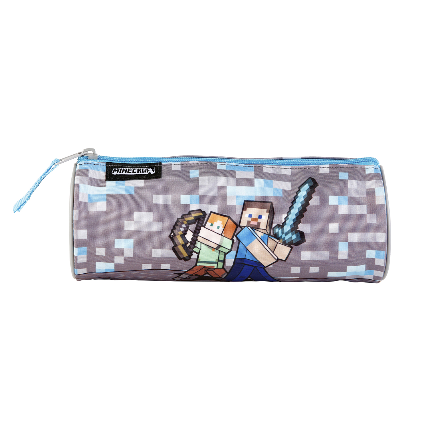 Un estuche de lápices de Minecraft con cremallera azul. Presenta personajes pixelados de Steve y Alex.