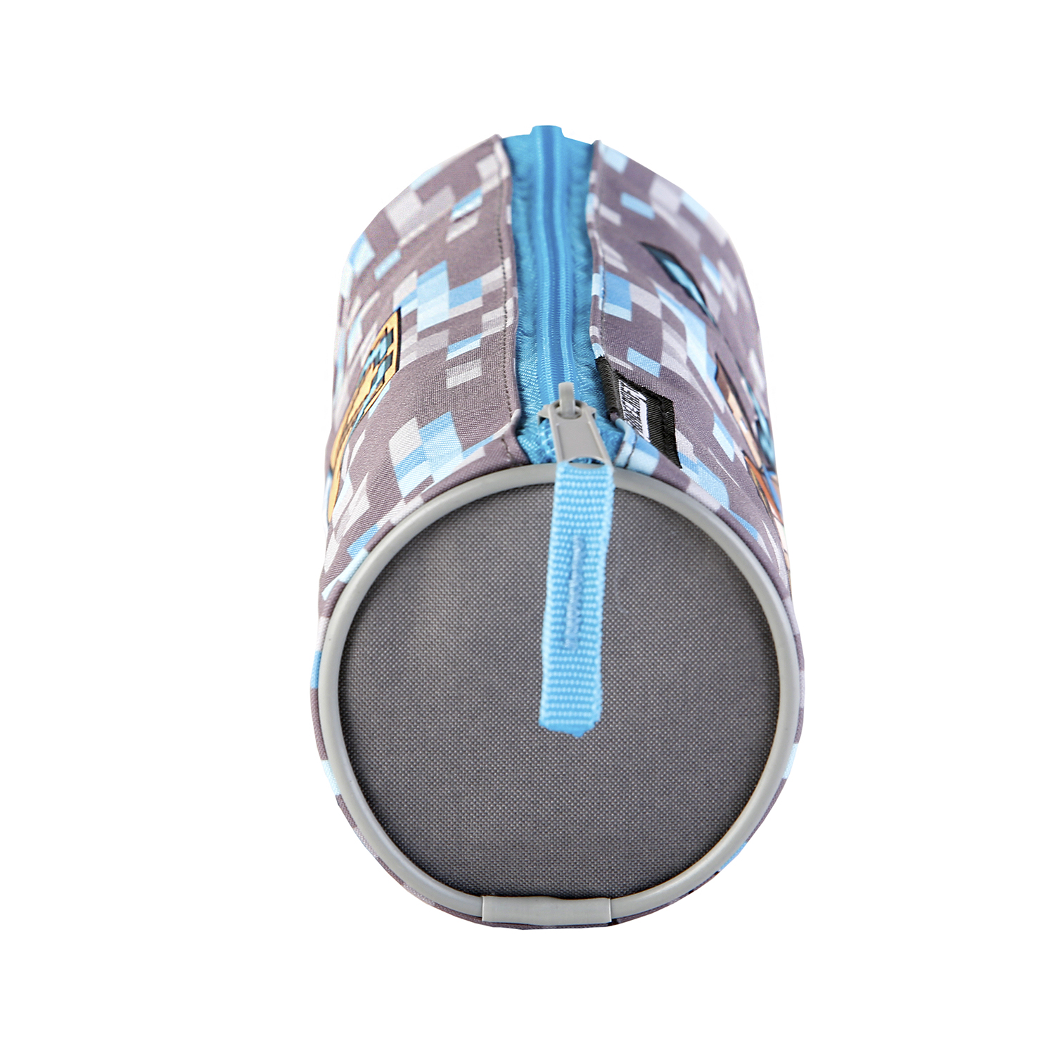 Estuche cilíndrico, gris con patrón pixelado azul, cremallera azul.