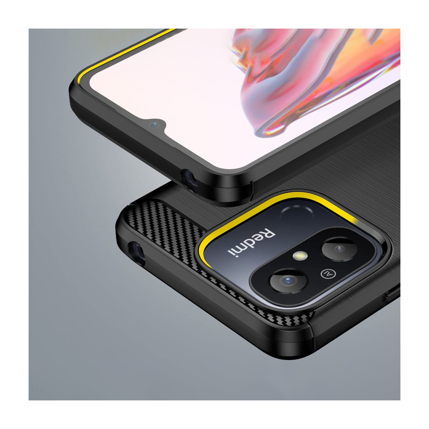 Primo piano di una custodia per telefono nera con un anello per fotocamera giallo, che mostra la fotocamera e lo schermo di un telefono nero.
