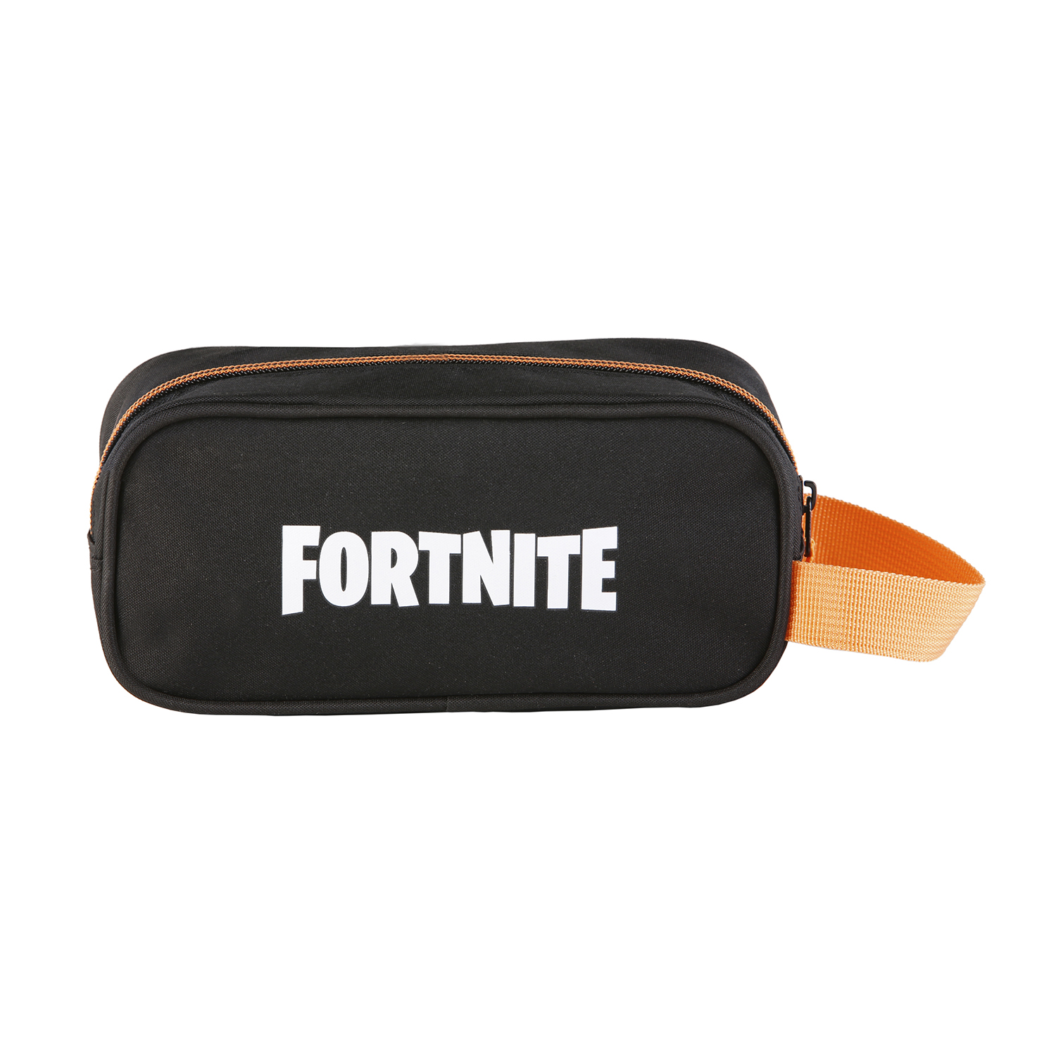 Un astuccio nero con la parola 'FORTNITE' a lettere bianche e manico arancione.