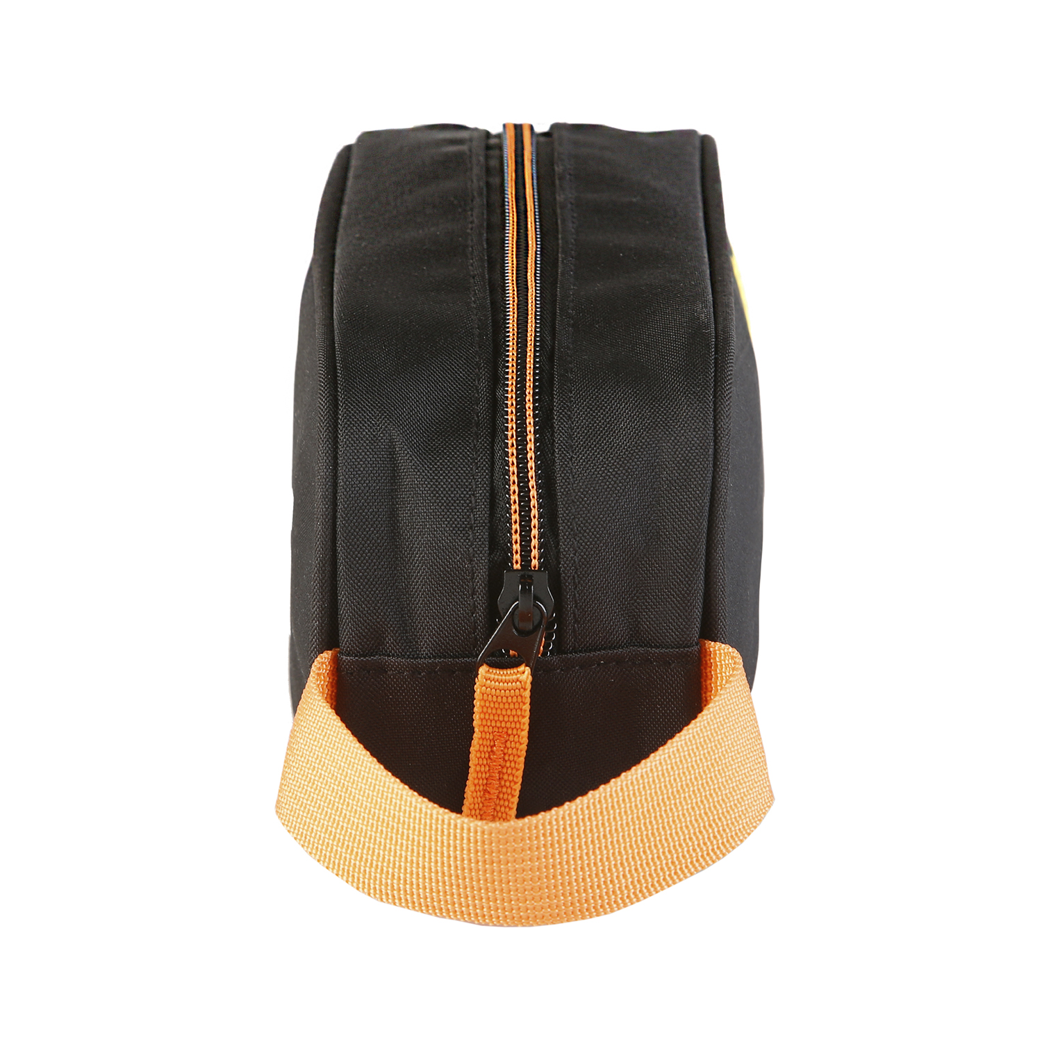 Custodia con cerniera nera e arancione con cinturino arancione.