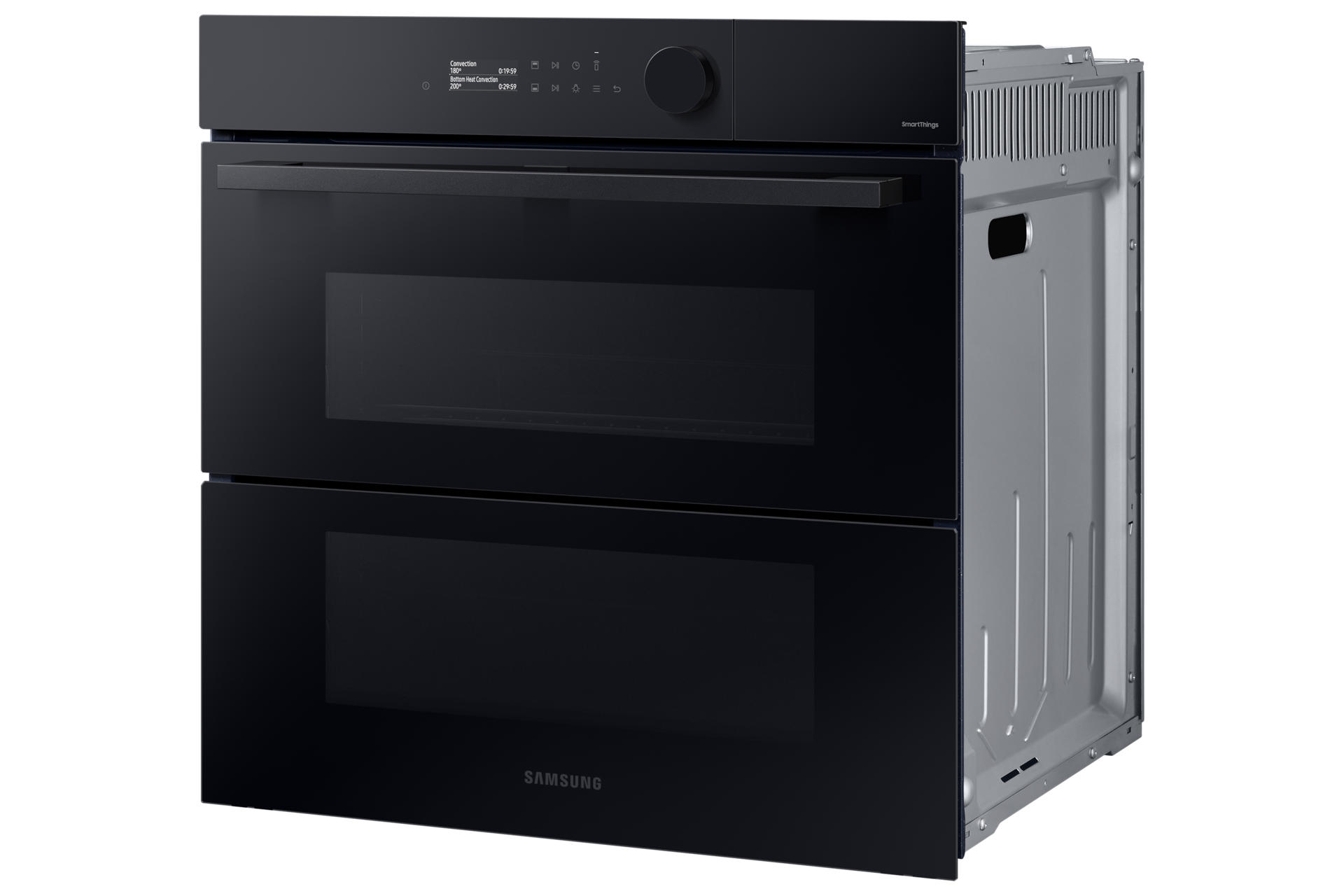 Schwarzer Doppelbackofen, eingebaut, mit digitaler Anzeige und Drehknopf. Marke Samsung.
