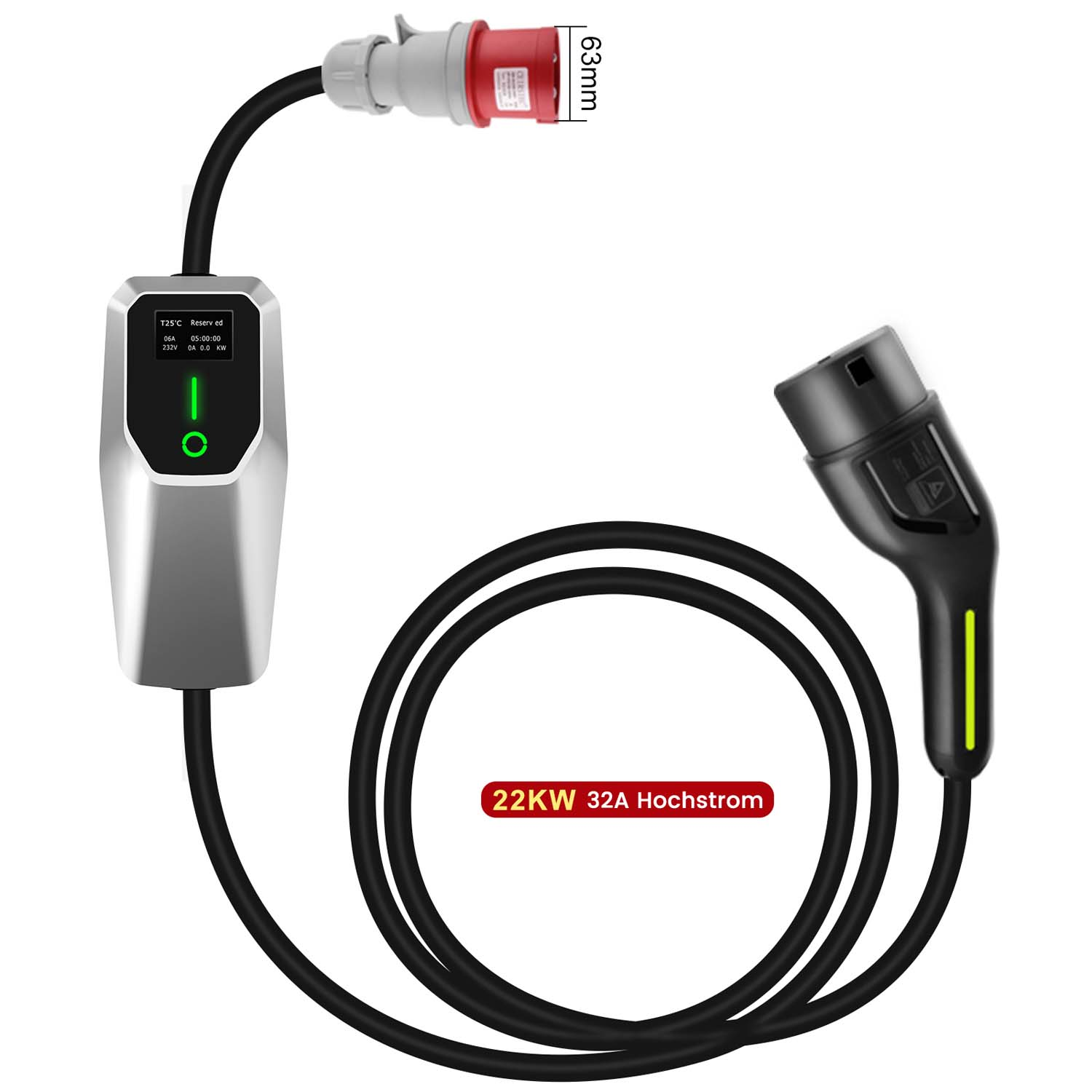 EV-Ladegerät mit Kabeln und Anschlüssen. Schwarze Kabel und silbernes Gehäuse.