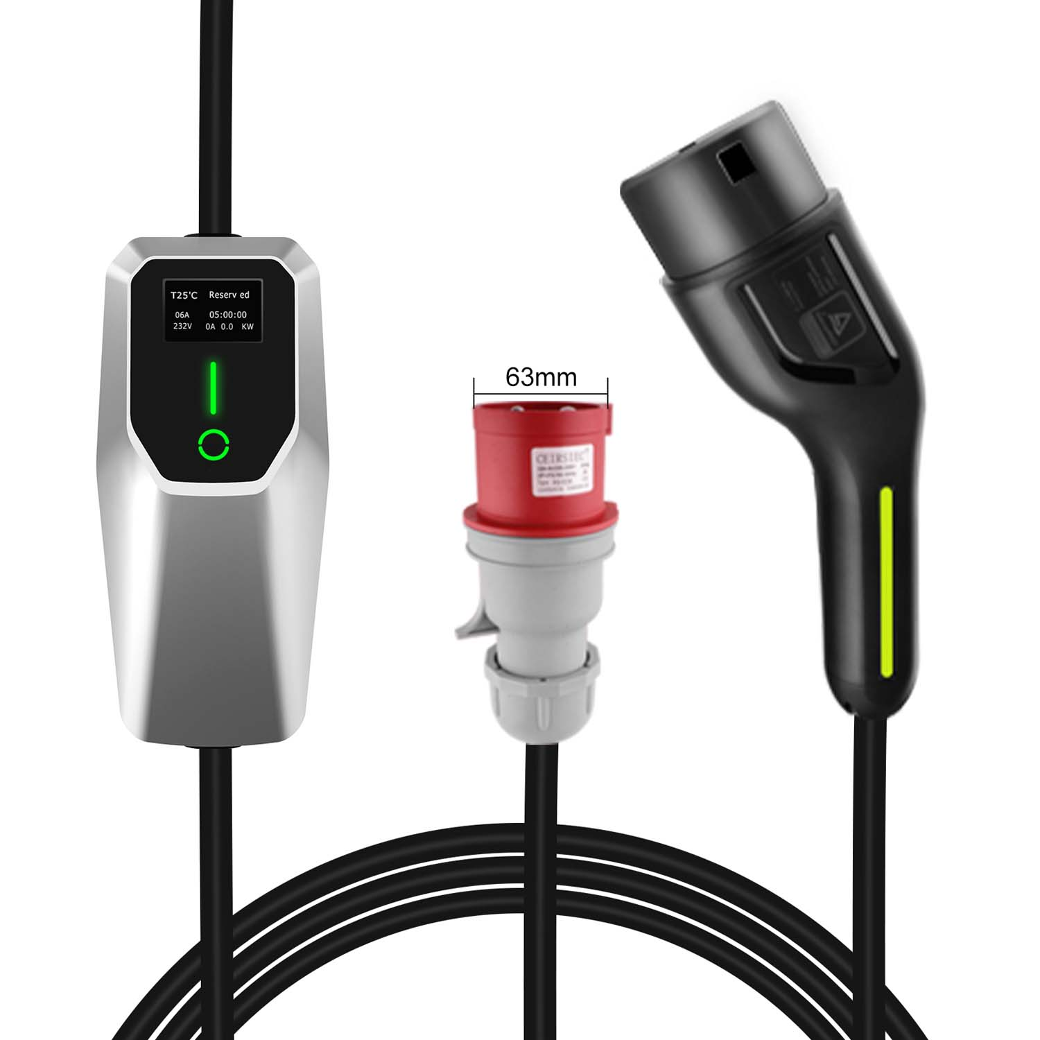 Ausrüstung zum Aufladen von Elektrofahrzeugen: eine Ladestation, ein Adapter und ein Ladekabel.
