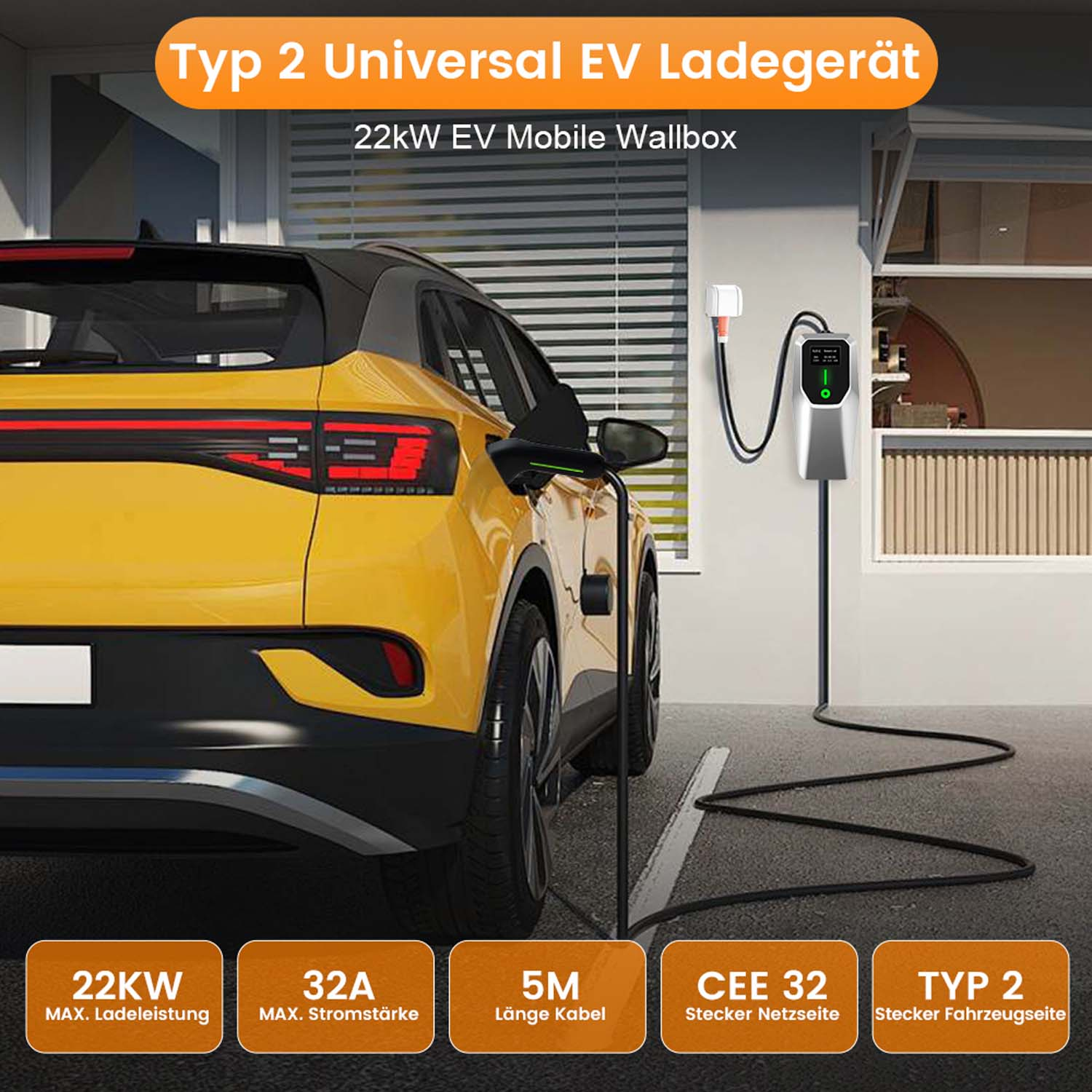 Gelbes Auto lädt. EV-Ladegerät mit Labels: 22kW, 32A, 5m, CEE 32, TYP 2.