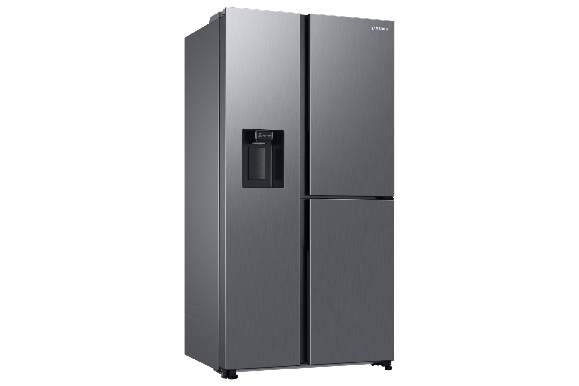 Ein Samsung Side-by-Side-Kühlschrank mit vier Türen, einem Spender und schwarzem Hintergrund.