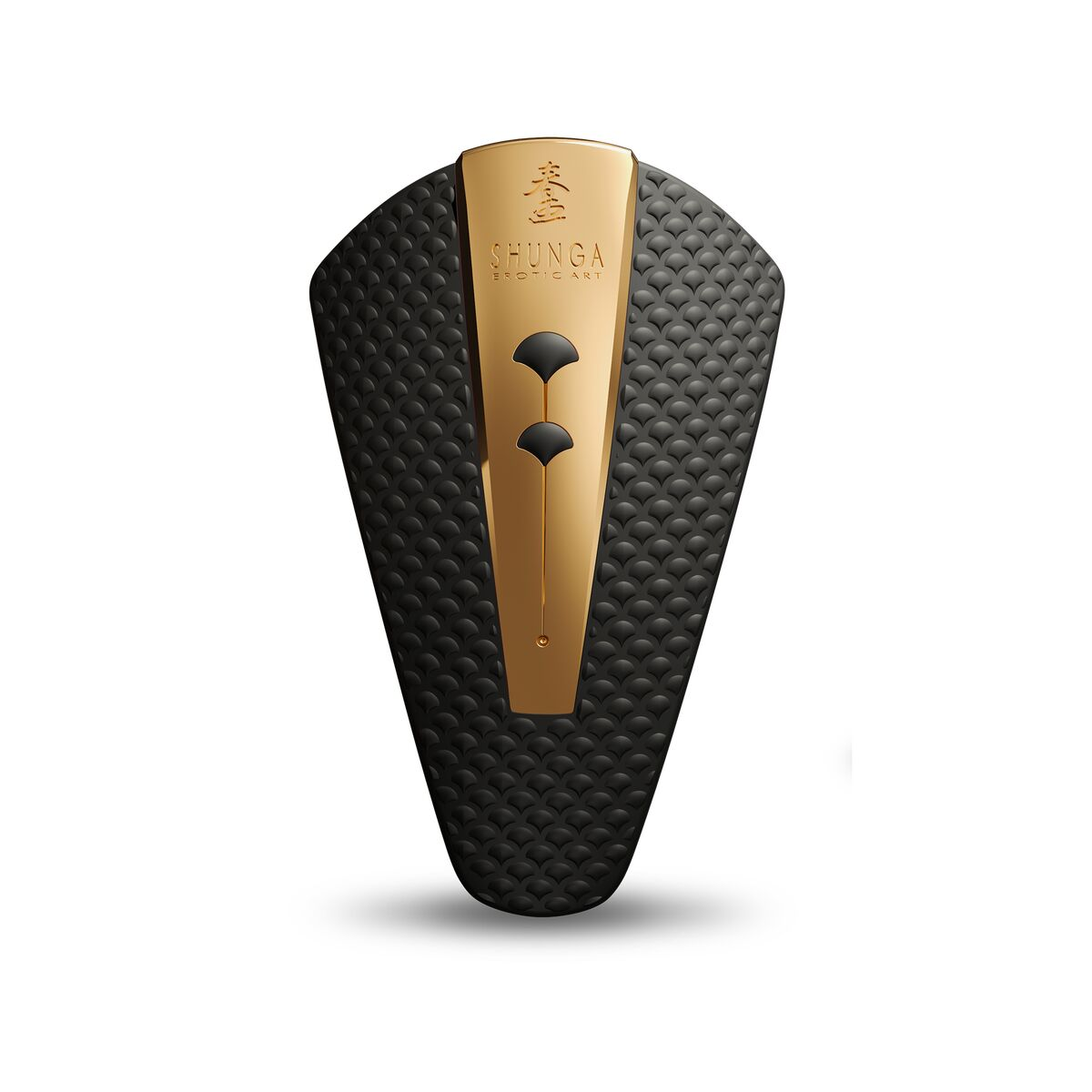 Juguete sexual negro y dorado con forma de escudo.