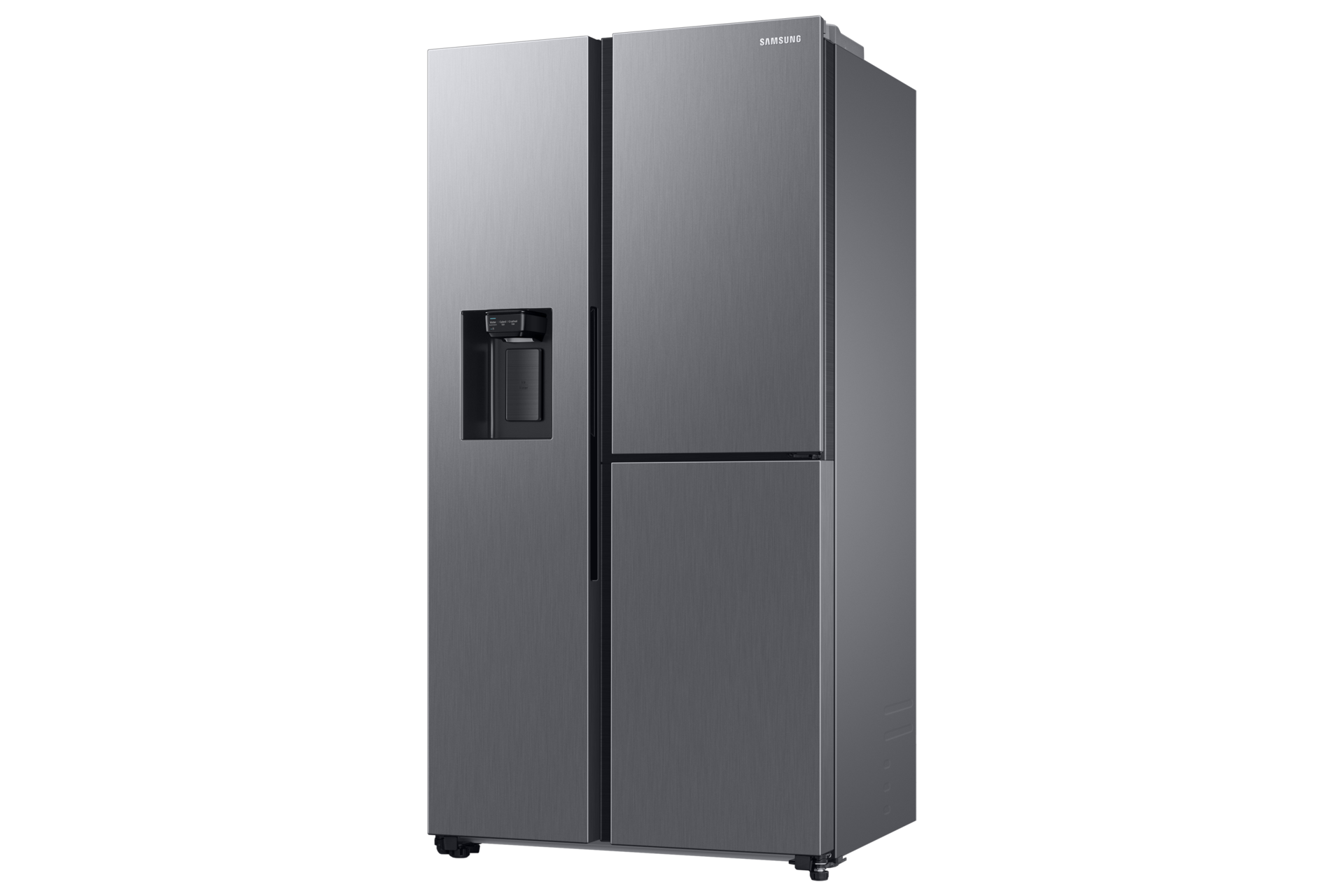Ein silberner Side-by-Side-Kühlschrank mit schwarzen Akzenten.