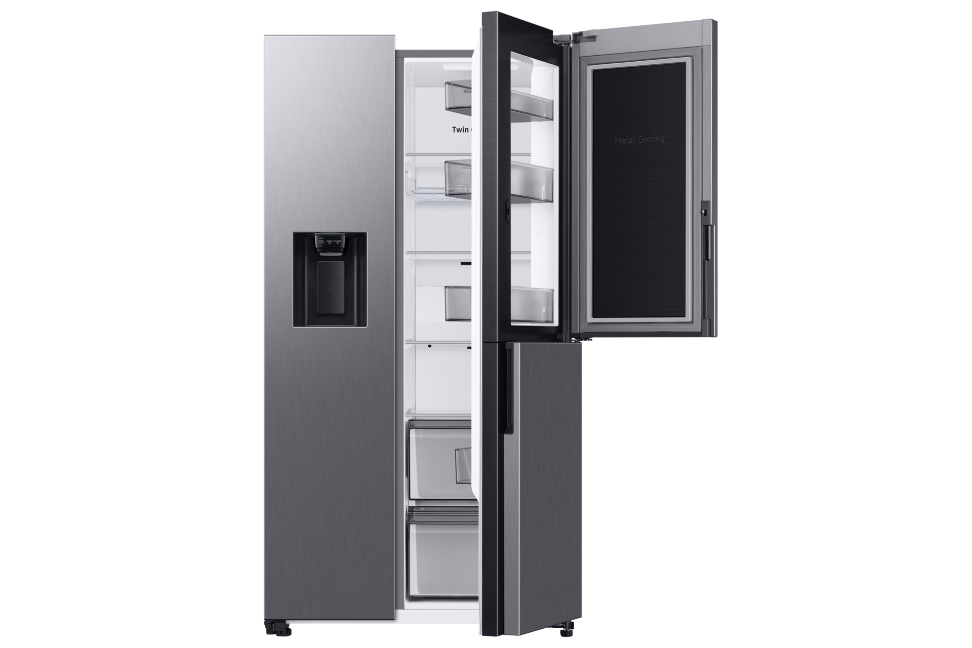 Ein silberner Kühlschrank mit geöffneten Türen.