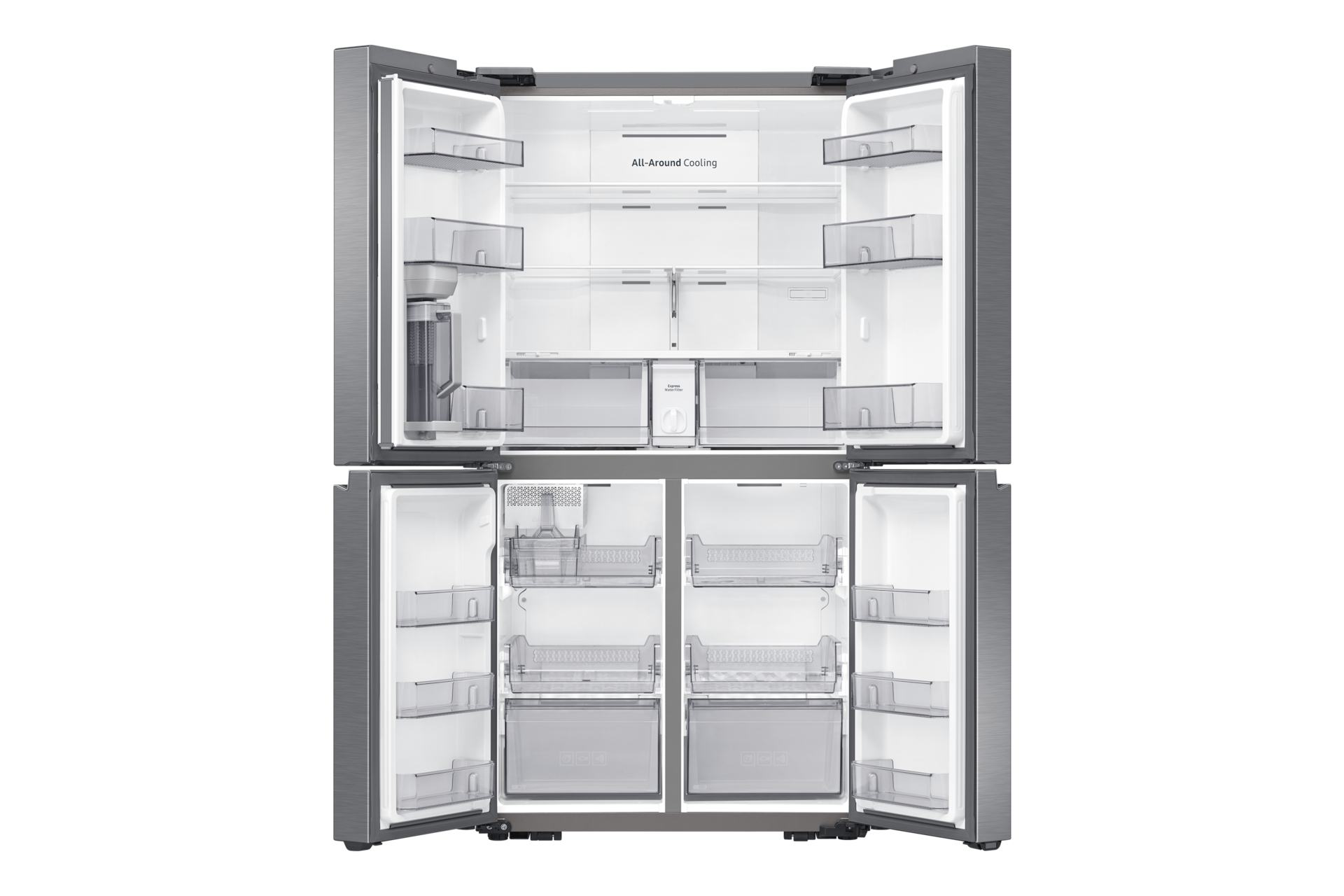 Offener Kühlschrank mit vielen Regalen und Schubladen, alle Türseiten sind geöffnet.