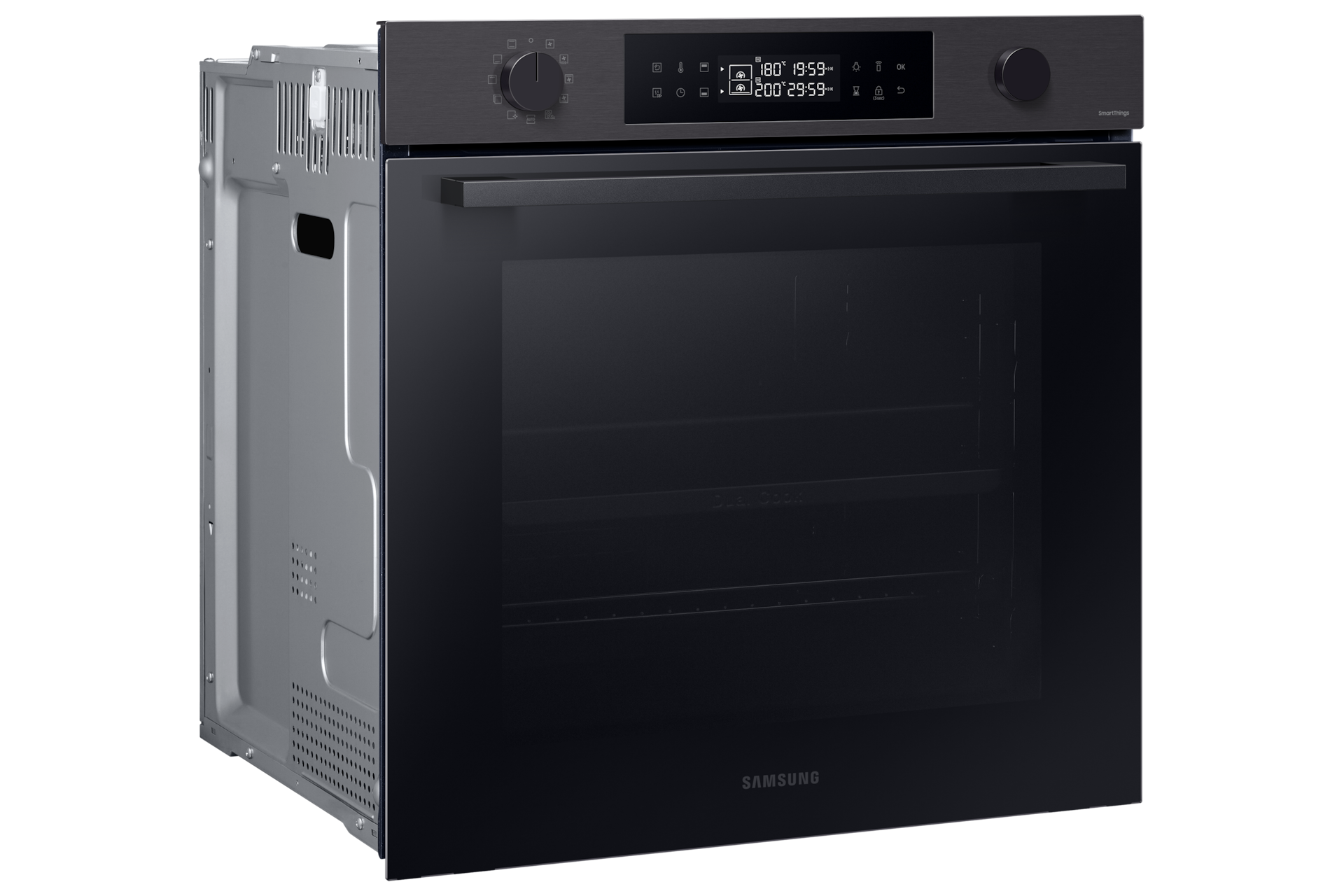 Schwarzer Samsung-Backofen mit Glastür und digitaler Anzeige.