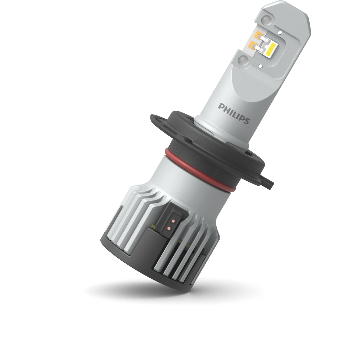 Nahaufnahme einer Philips LED-Scheinwerferbirne mit weißem Sockel und schwarzen Elementen.
