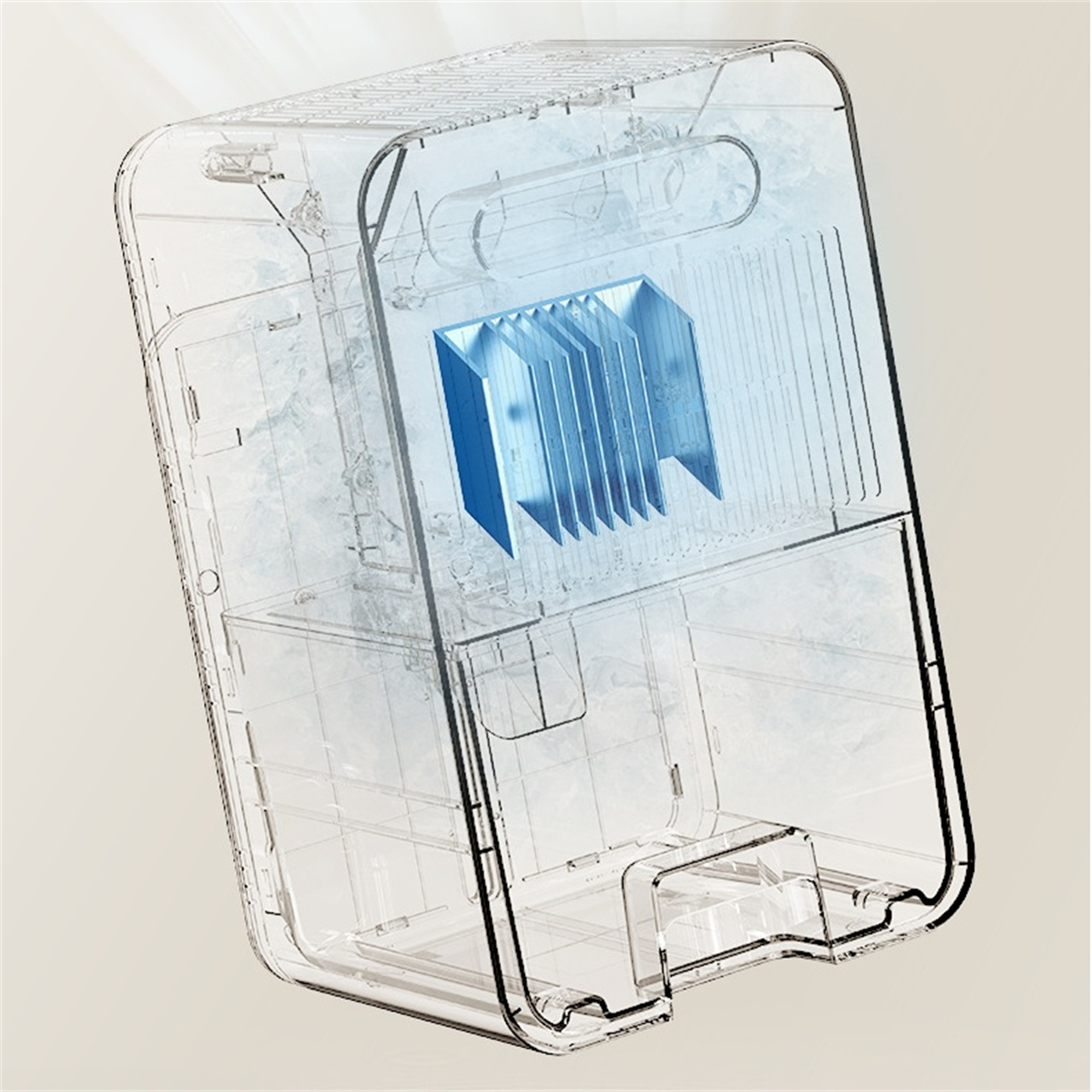 Transparenter Luftreiniger, der die inneren Komponenten und den blauen Filter zeigt.