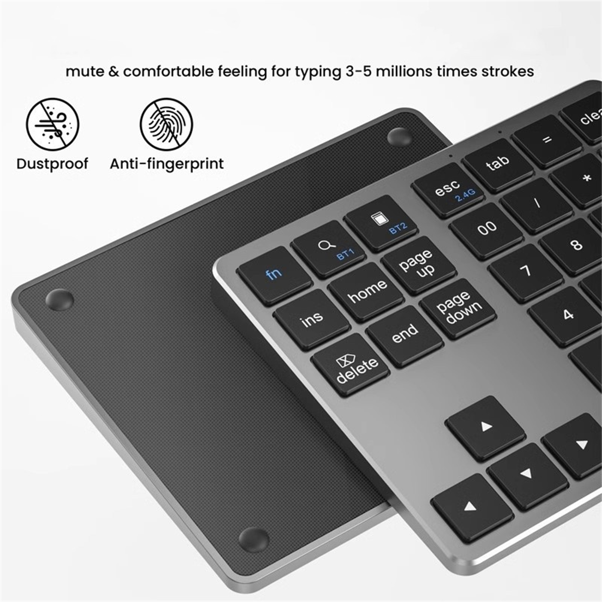 Graue Tastatur mit Touchpad, zeigt Tasten und ein modernes Design.