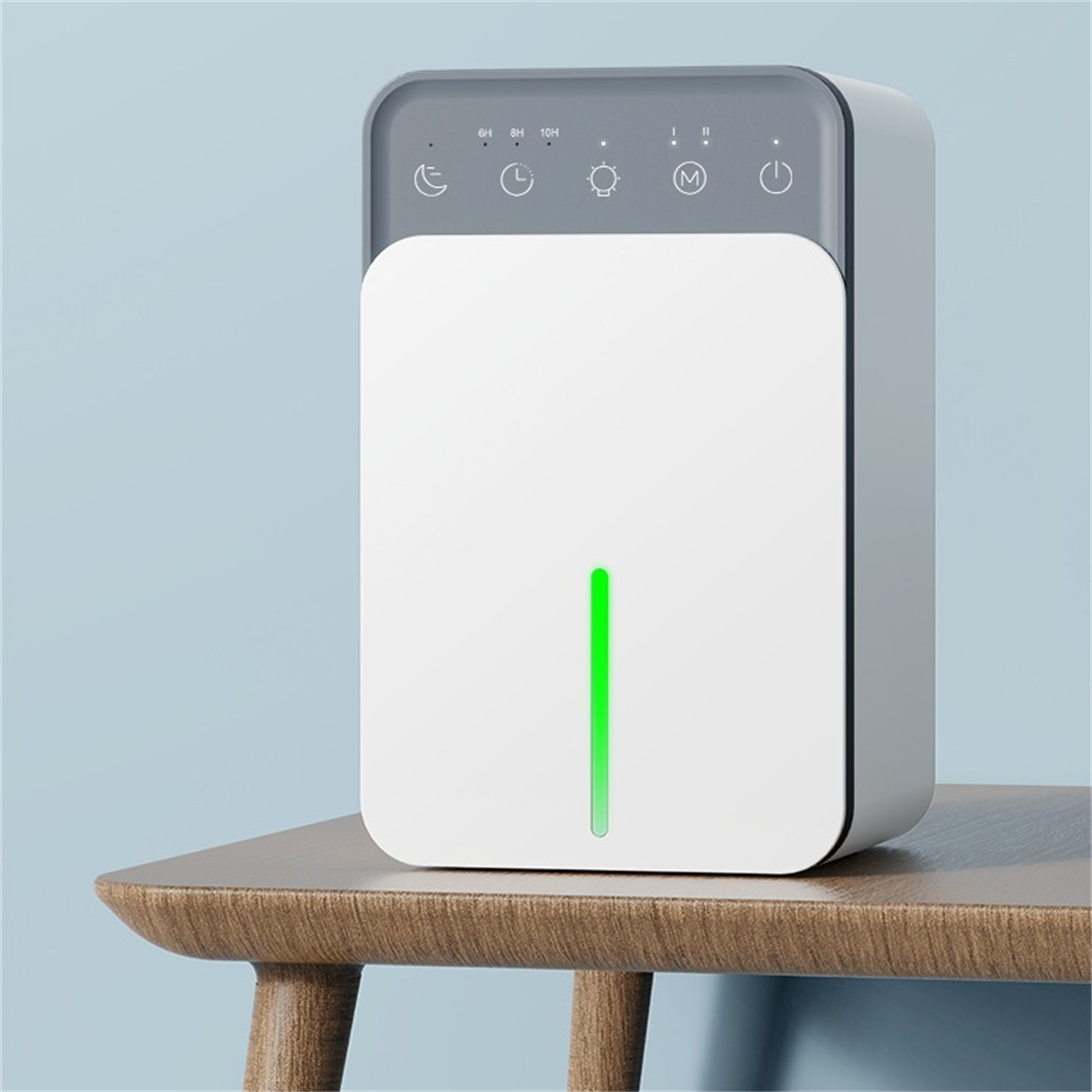 Weißes und graues elektronisches Gerät auf einem Holztisch.