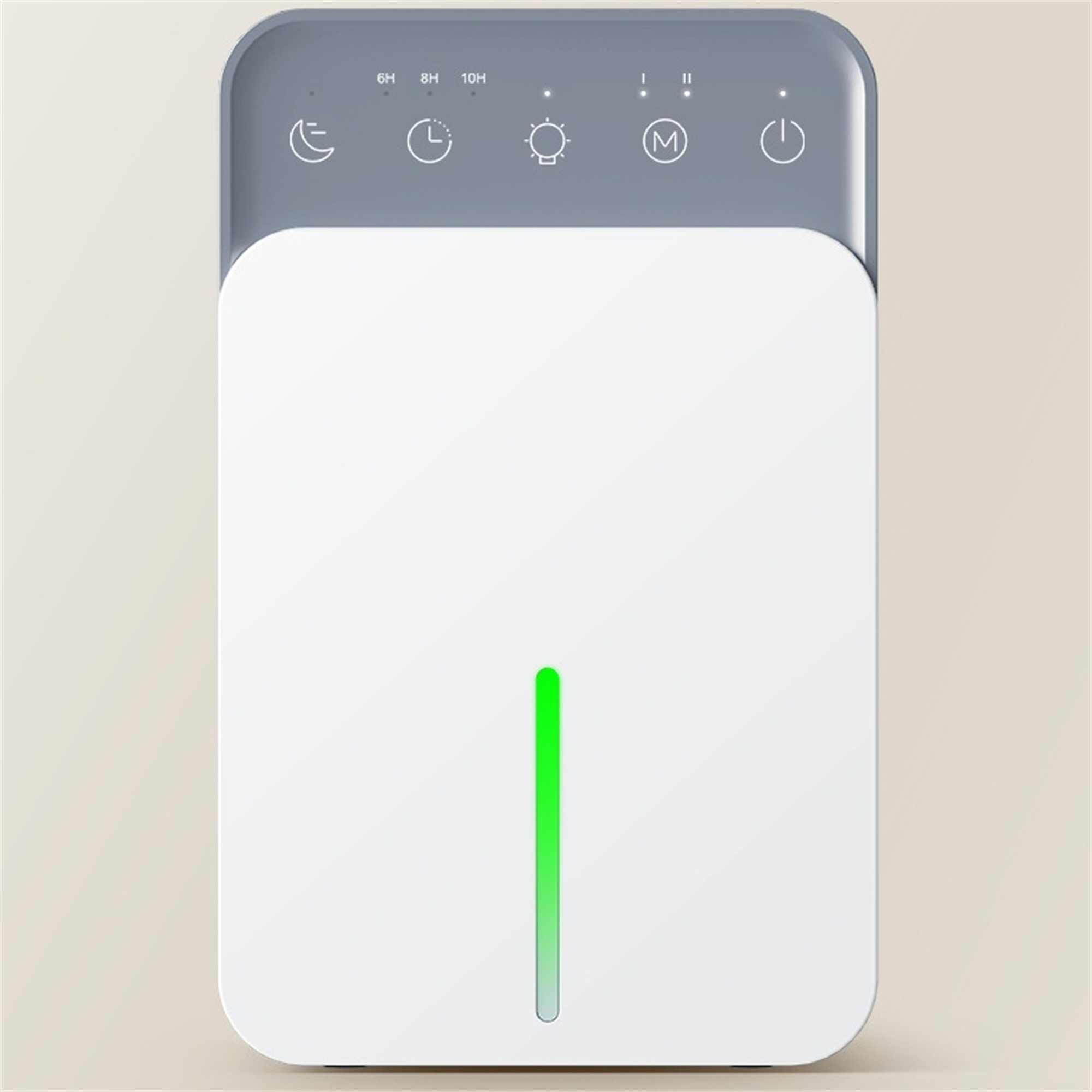 Weißes und graues Smart-Home-Gerät mit grünem Lichtindikator.