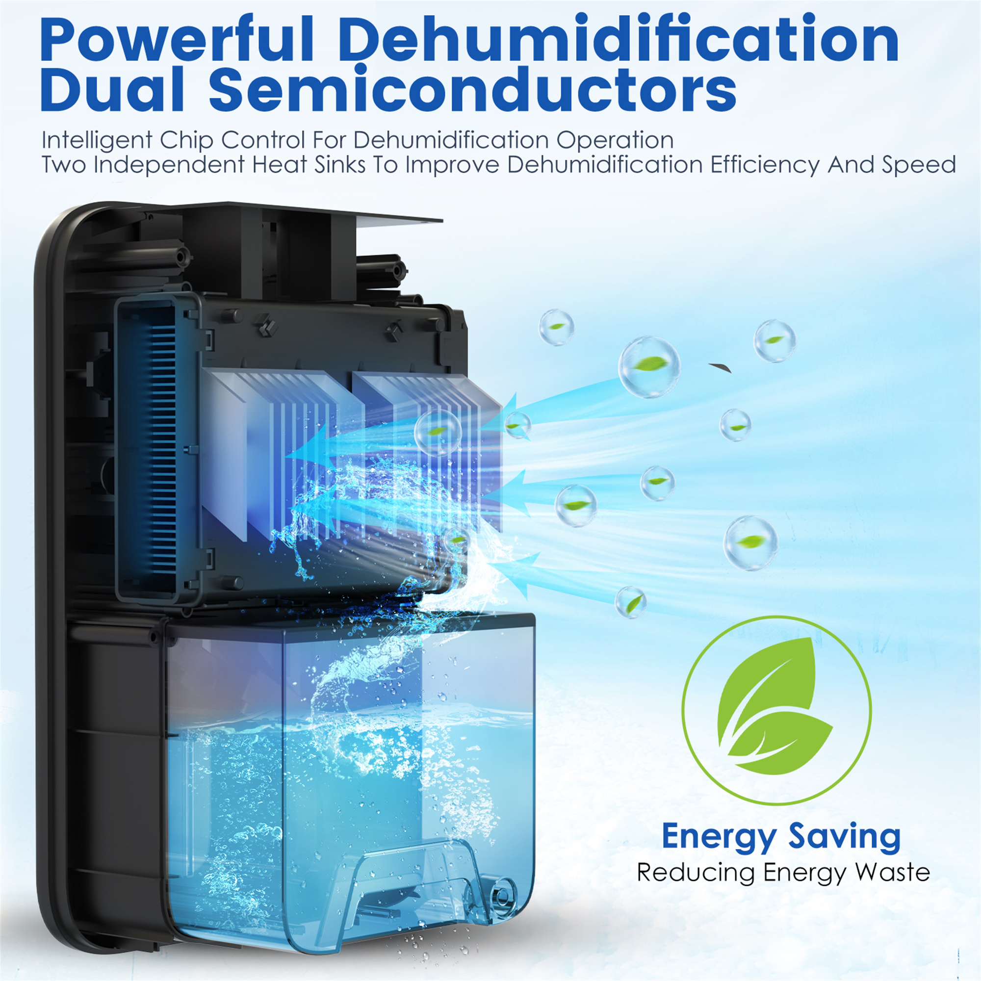 Luftentfeuchter, der den Luftstrom zeigt. Es hat eine schwarze Basis und einen blauen Tank sowie ein energiesparendes Blattsymbol.