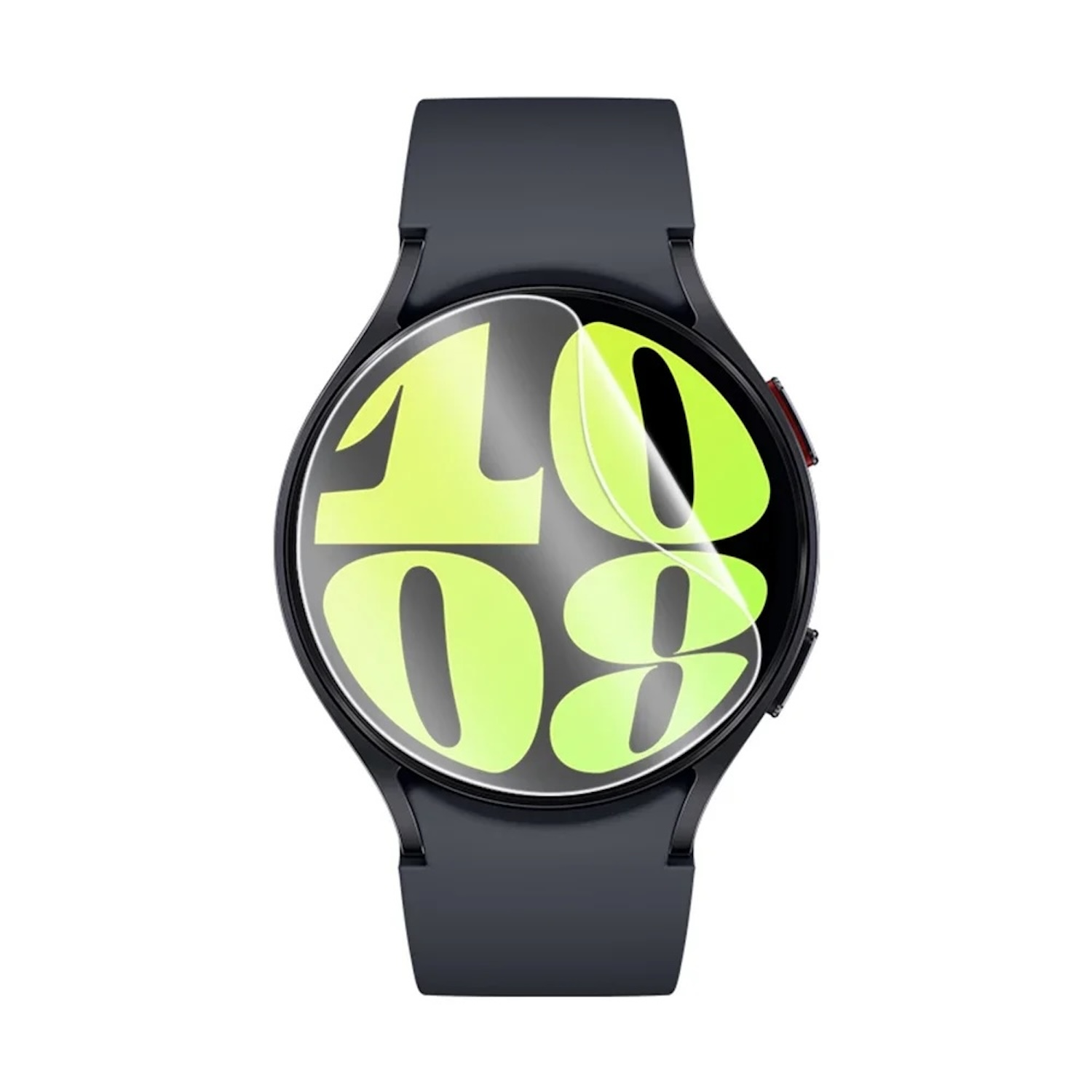 Uno smartwatch nero visualizza l'ora 10:08 con pellicola protettiva, isolato.