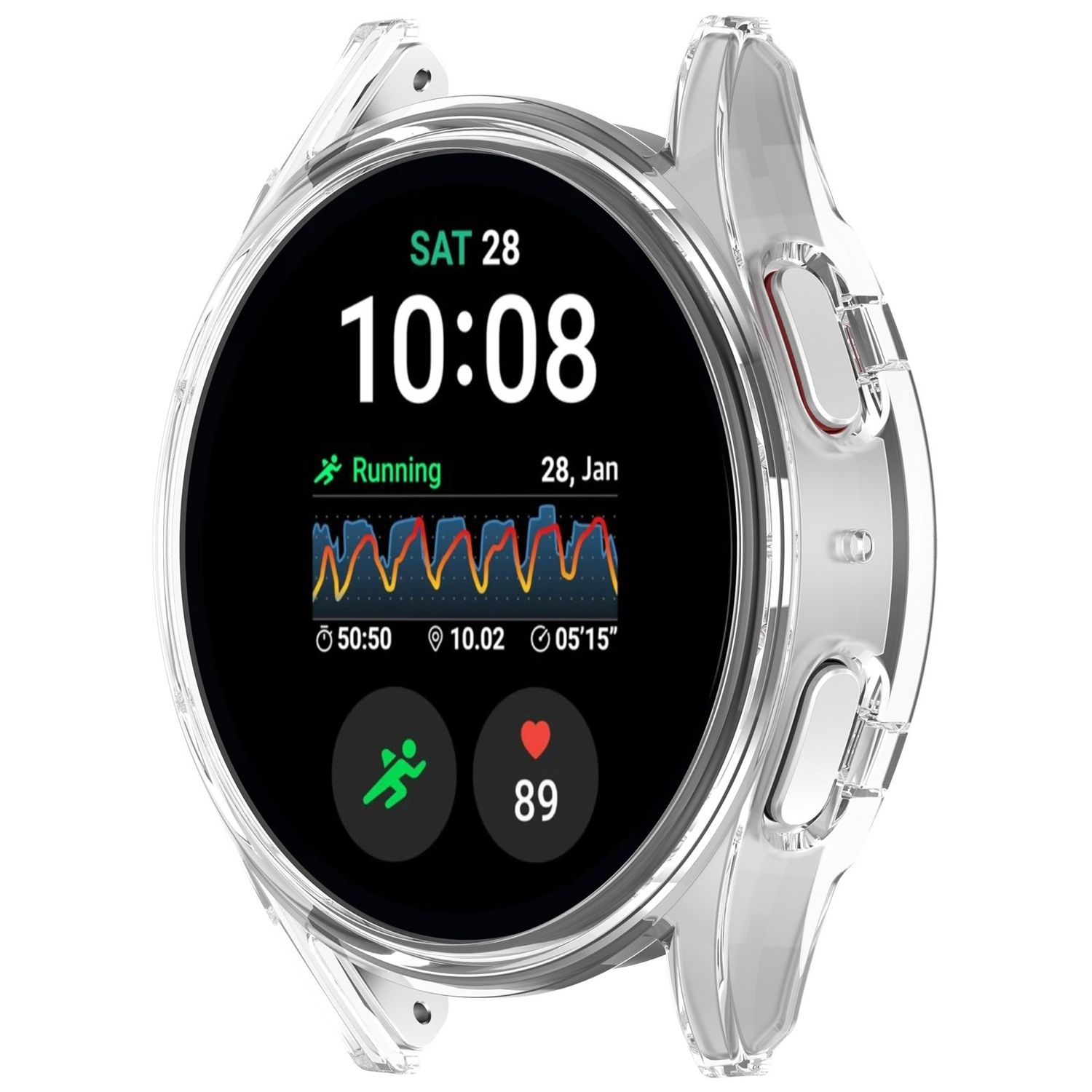 Smartwatch mit transparentem Gehäuse zeigt Zeit, Datum und Laufstatistiken mit Herzfrequenzmesser.