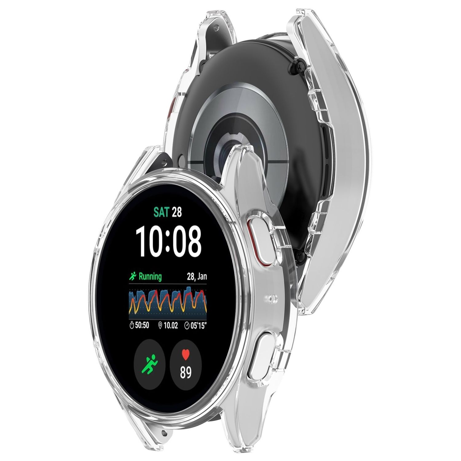 Transparente Schutzhülle für eine runde Smartwatch mit Gesundheitsmetriken und Uhrzeit.