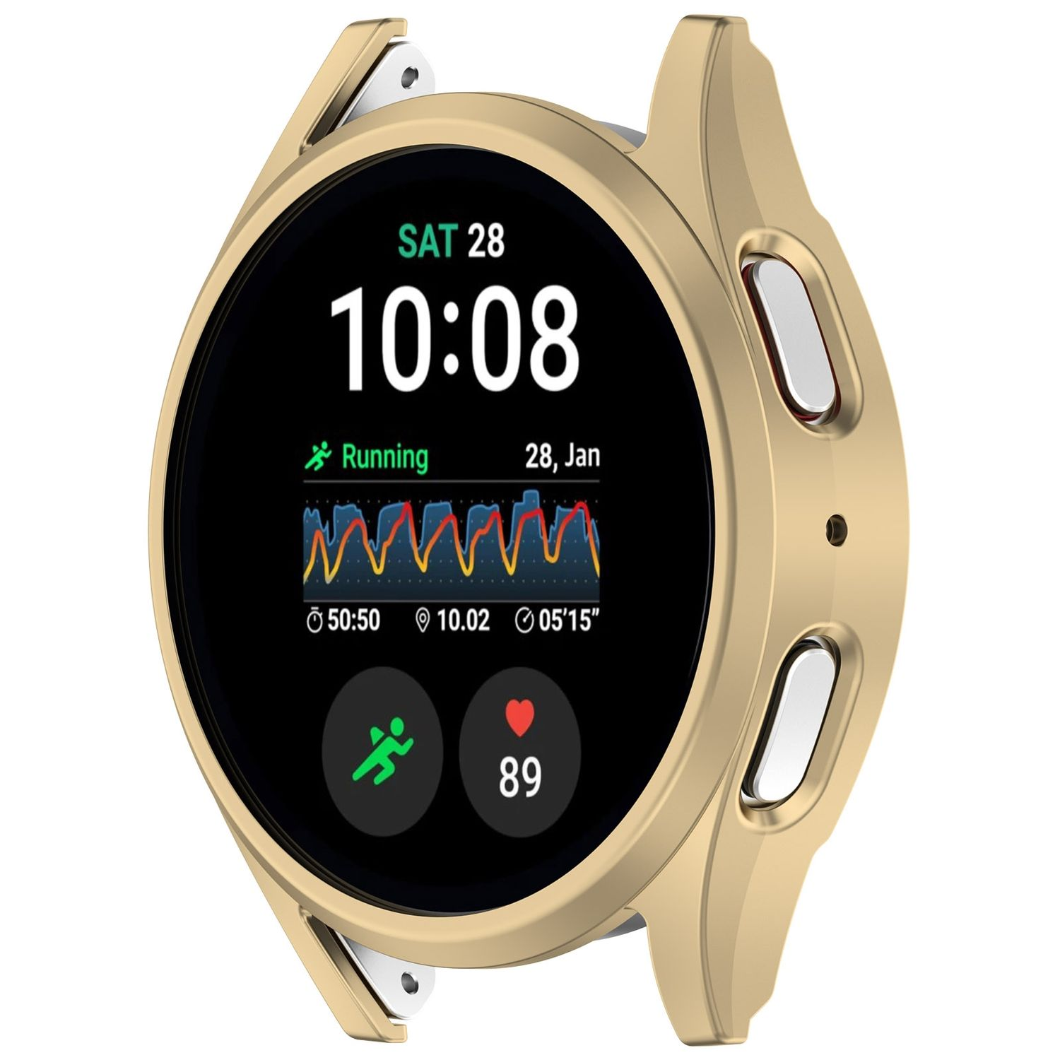 Smartwatch mit goldenem Gehäuse, schwarzem Bildschirm und einer Lauf-App-Oberfläche.