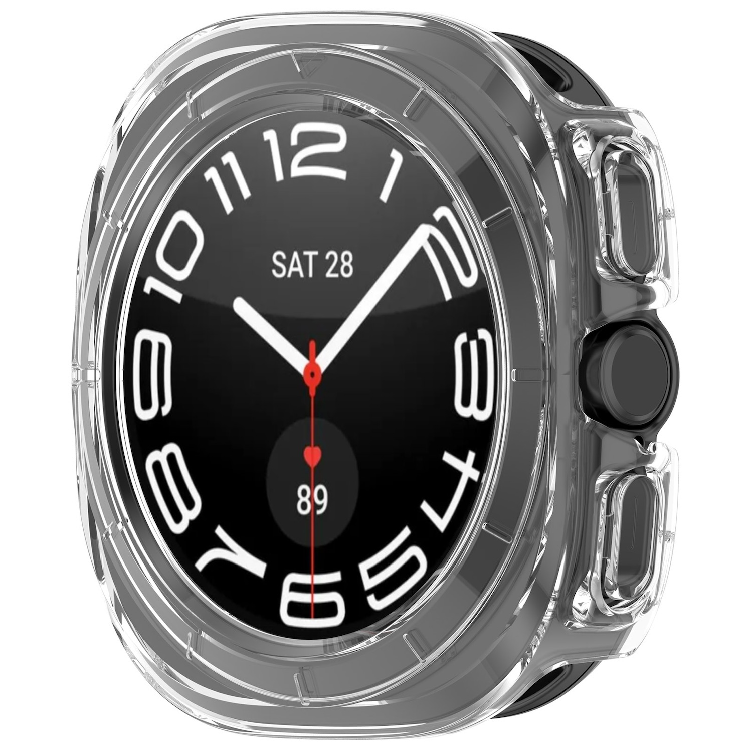 Smartwatch mit klarer Schutzhülle. Das Zifferblatt zeigt eine Digitalanzeige.