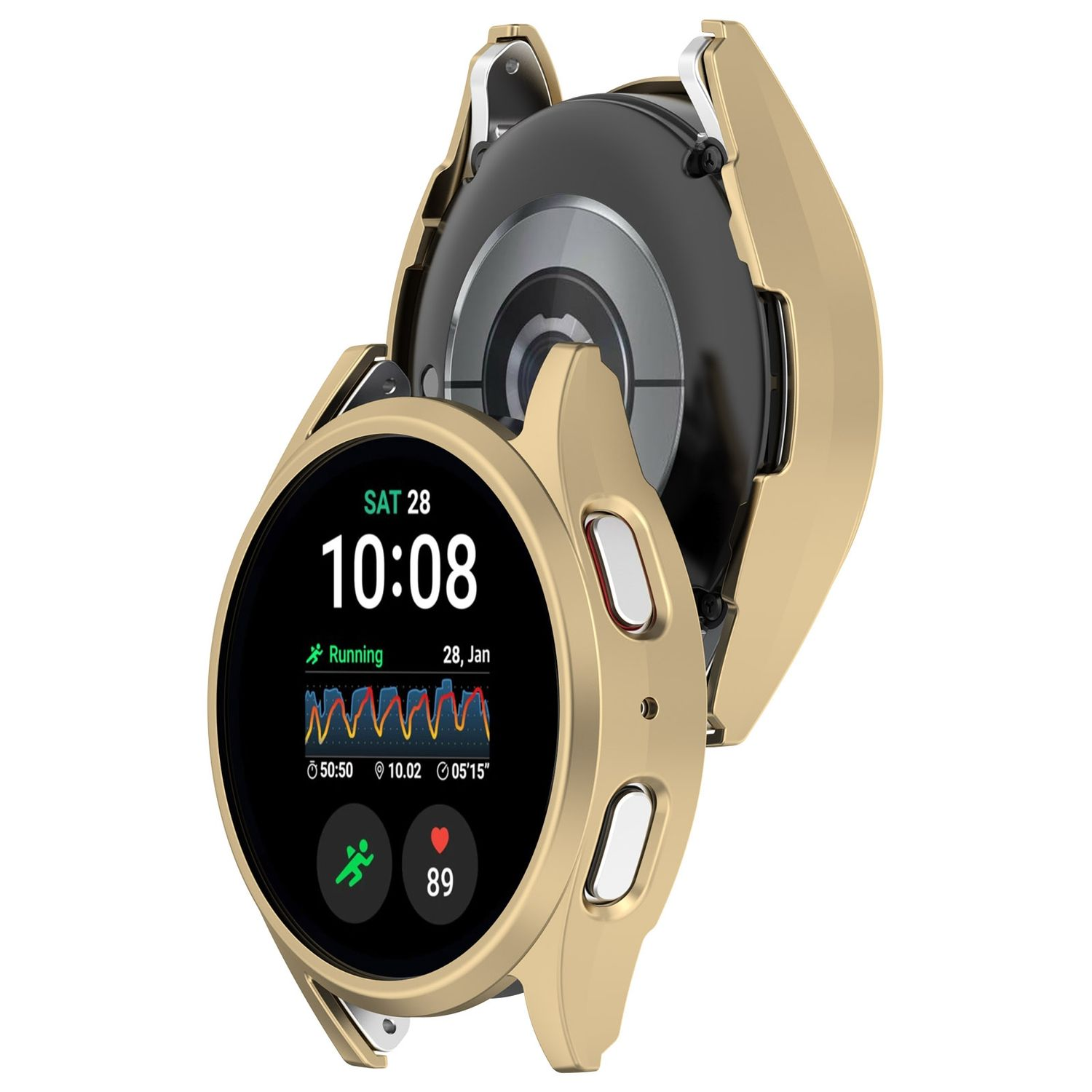 Goldene Smartwatch mit Uhrzeit und Gesundheitsdaten, mit Schutzhülle.