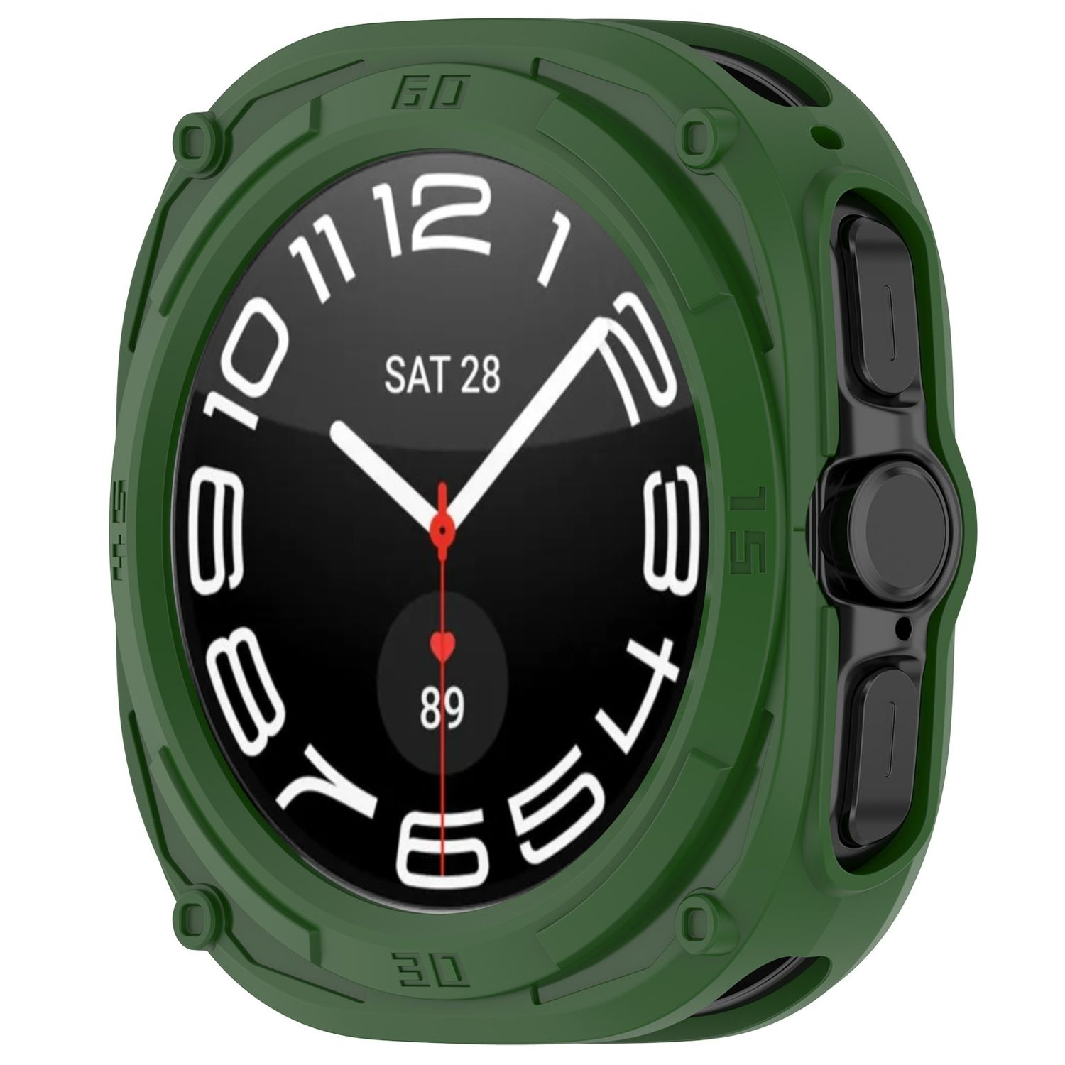 Grünes Smartwatch-Gehäuse mit schwarzem Bildschirm. Die Zahlen sind weiß mit schwarzem Hintergrund.